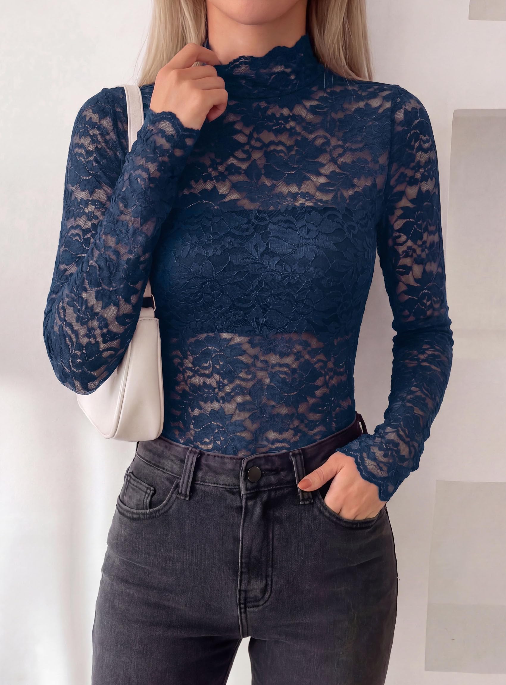 Womens Lace Long Sleeve Tops Sheer Mesh Blouse Navy Blue,S