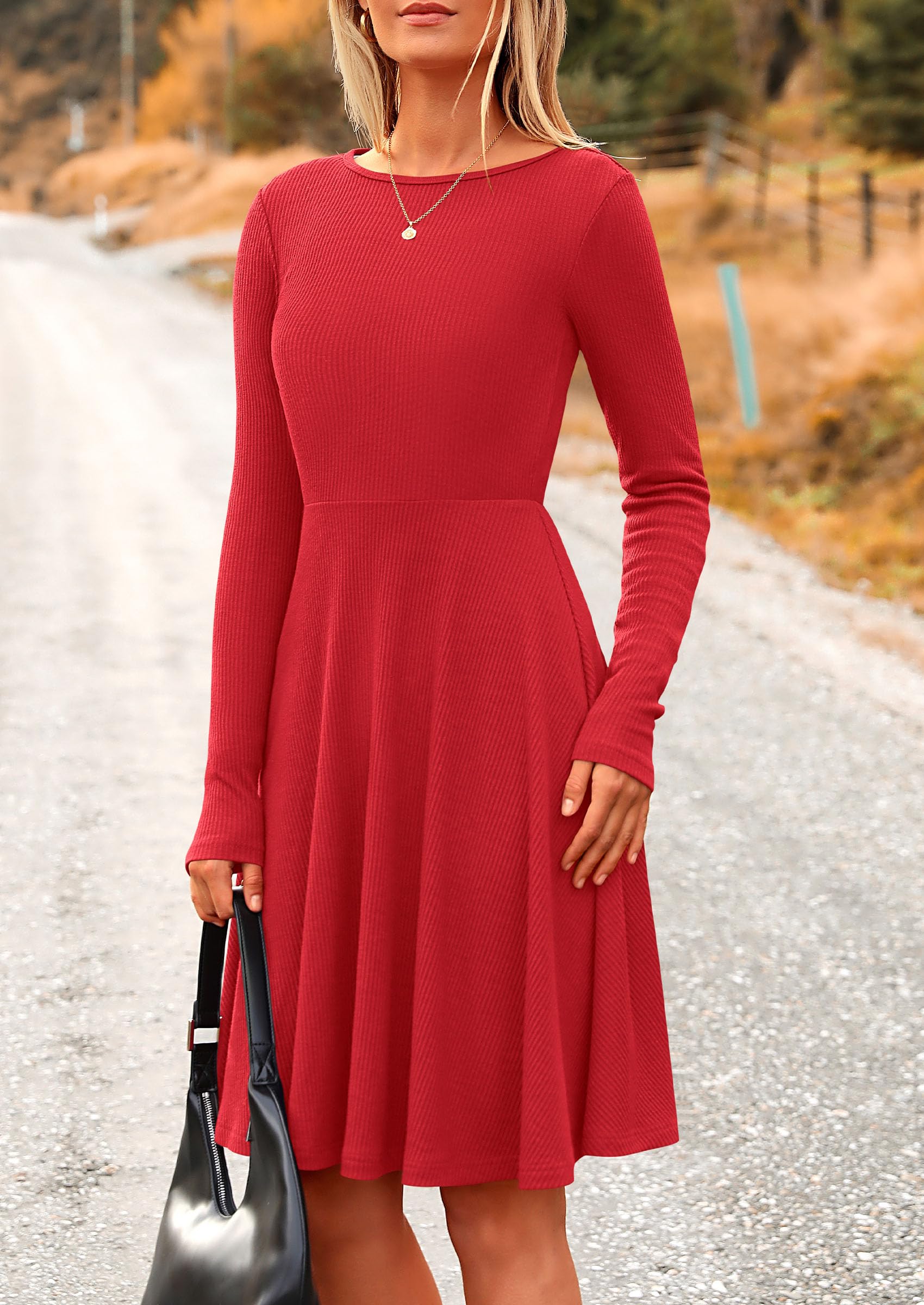 Women's Fall Casual Long Sleeve Short Dress (Red,S)