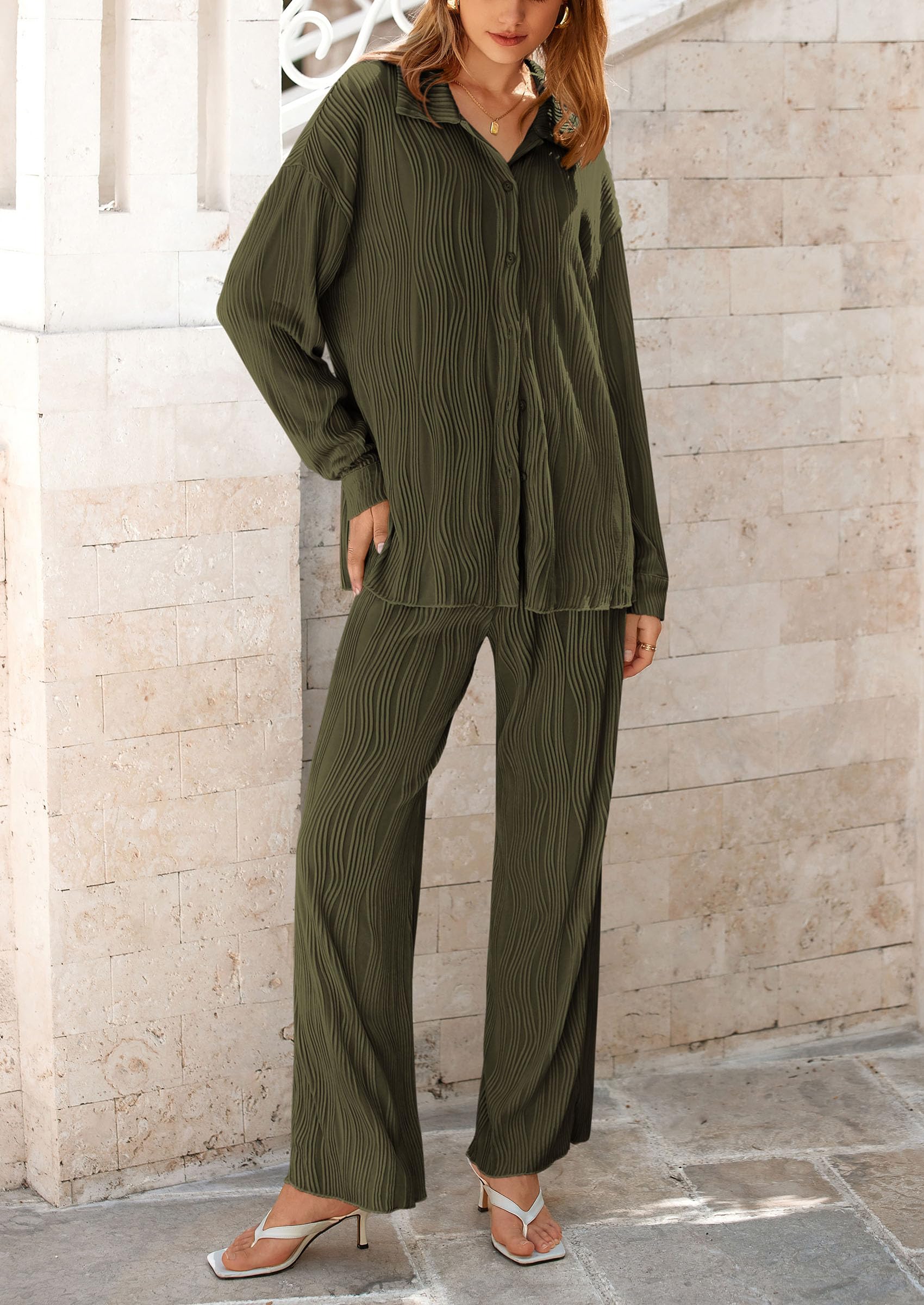Womens 2 Piece Sets Button Down Lounge Tracksuit,Army Green,M