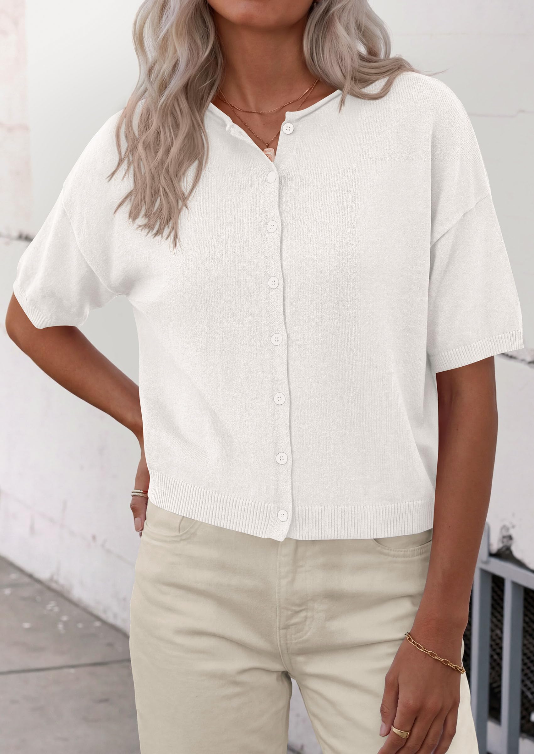 Women's Short Sleeve Cardigan Sweaters (White,Small)