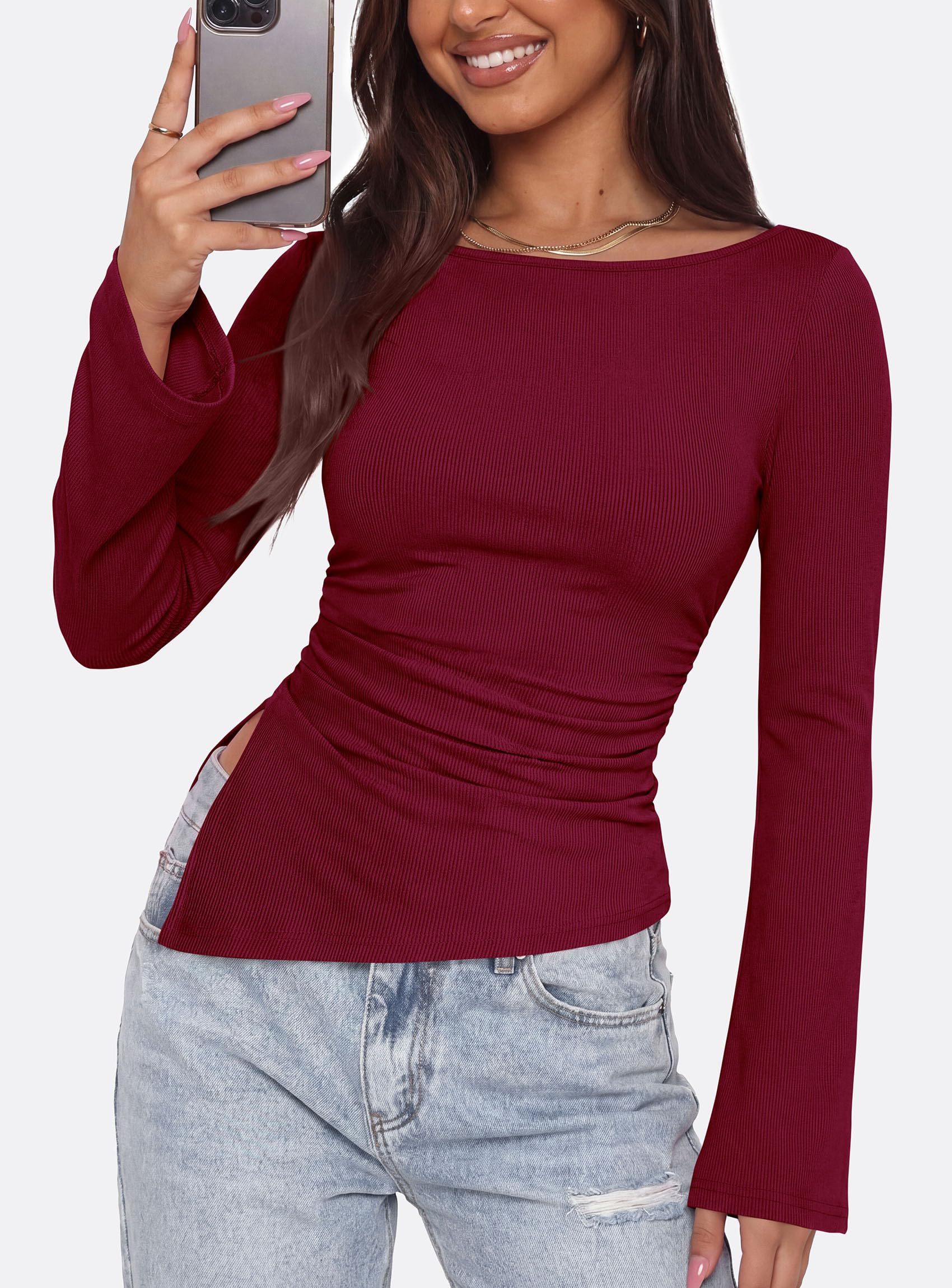 Womens Bell Long Sleeve Boat Neck Asymmetrical Tops Wine Red
