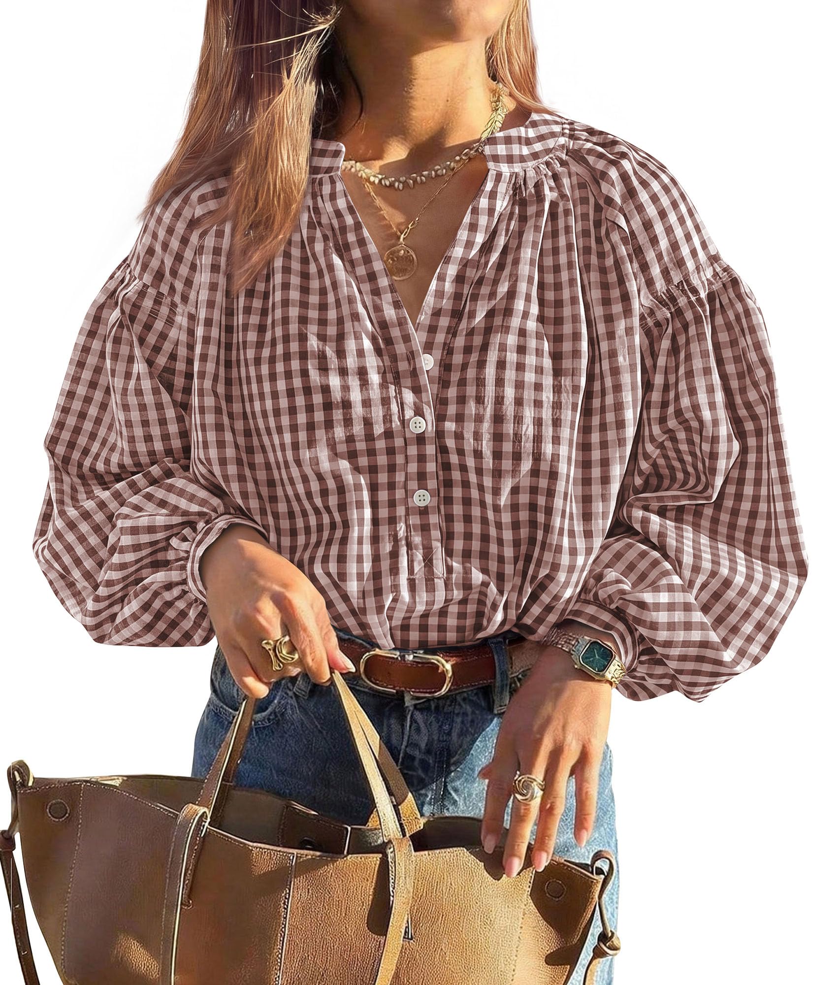 Women Fall Plaid Long Puff Sleeve Shirts V Neck Casual Blouses