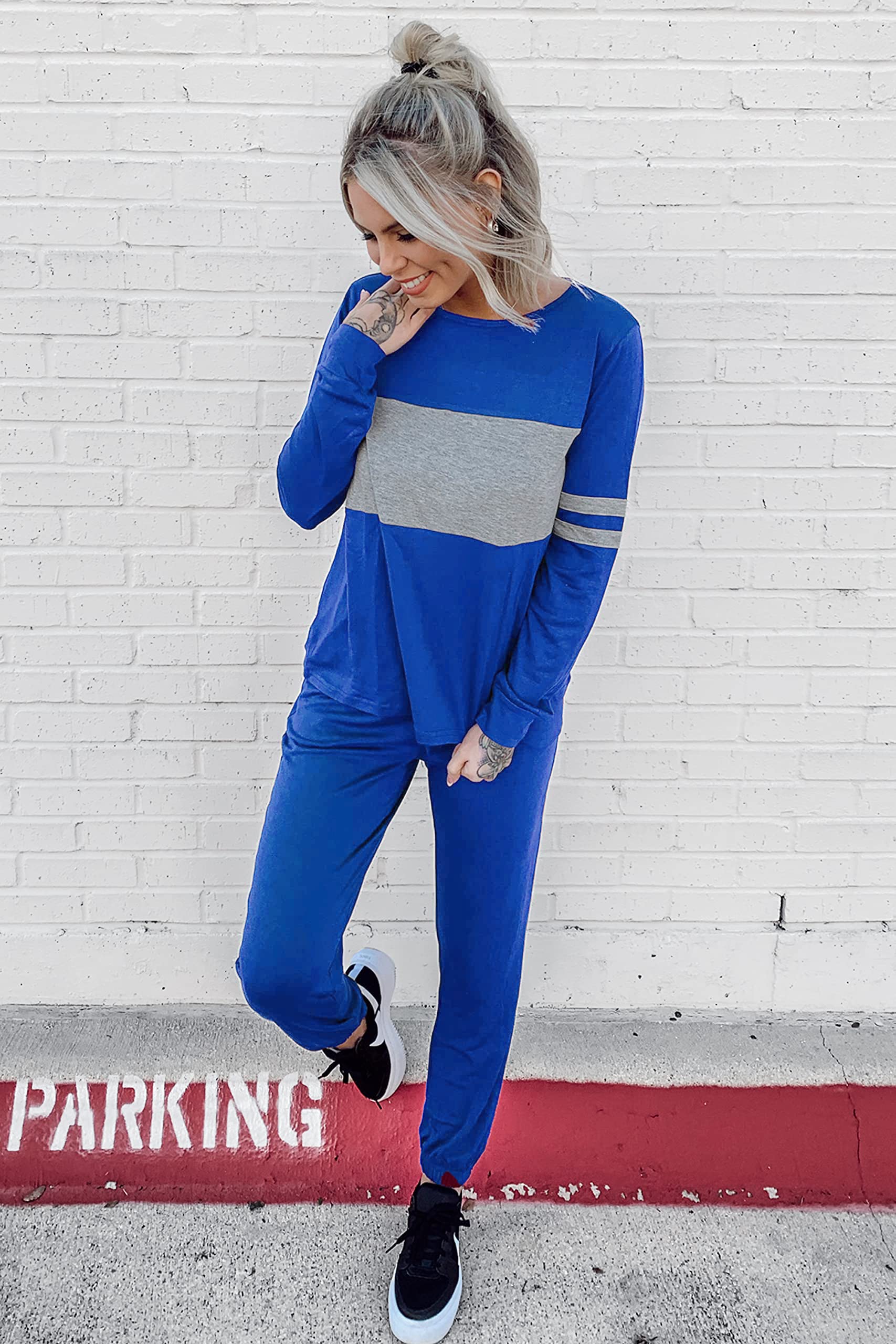 Women Color Block 2 Piece Sets Tracksuit,Dark Blue,S