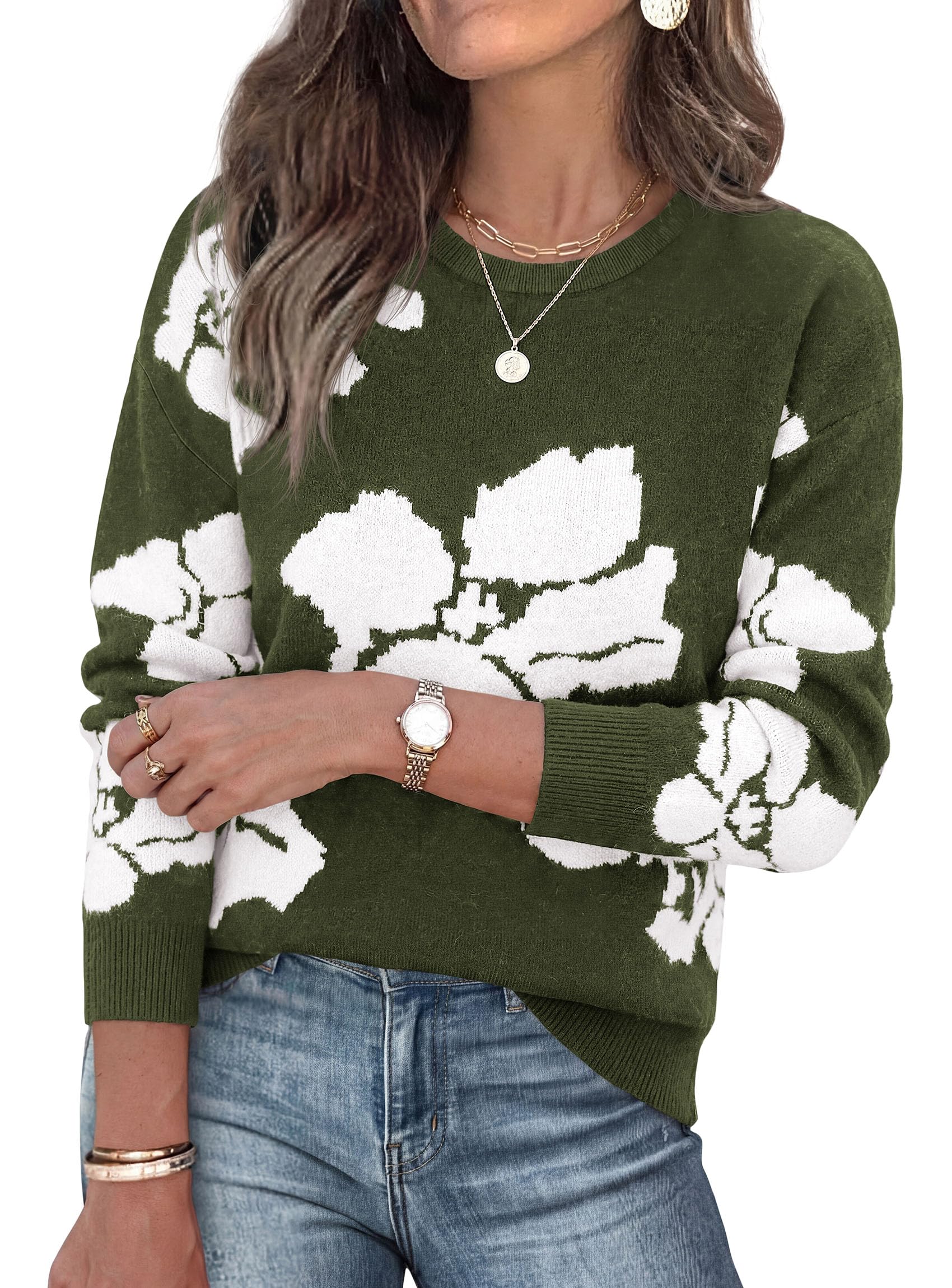 Womens Floral Sweater Crewneck Printed Pullover Tops