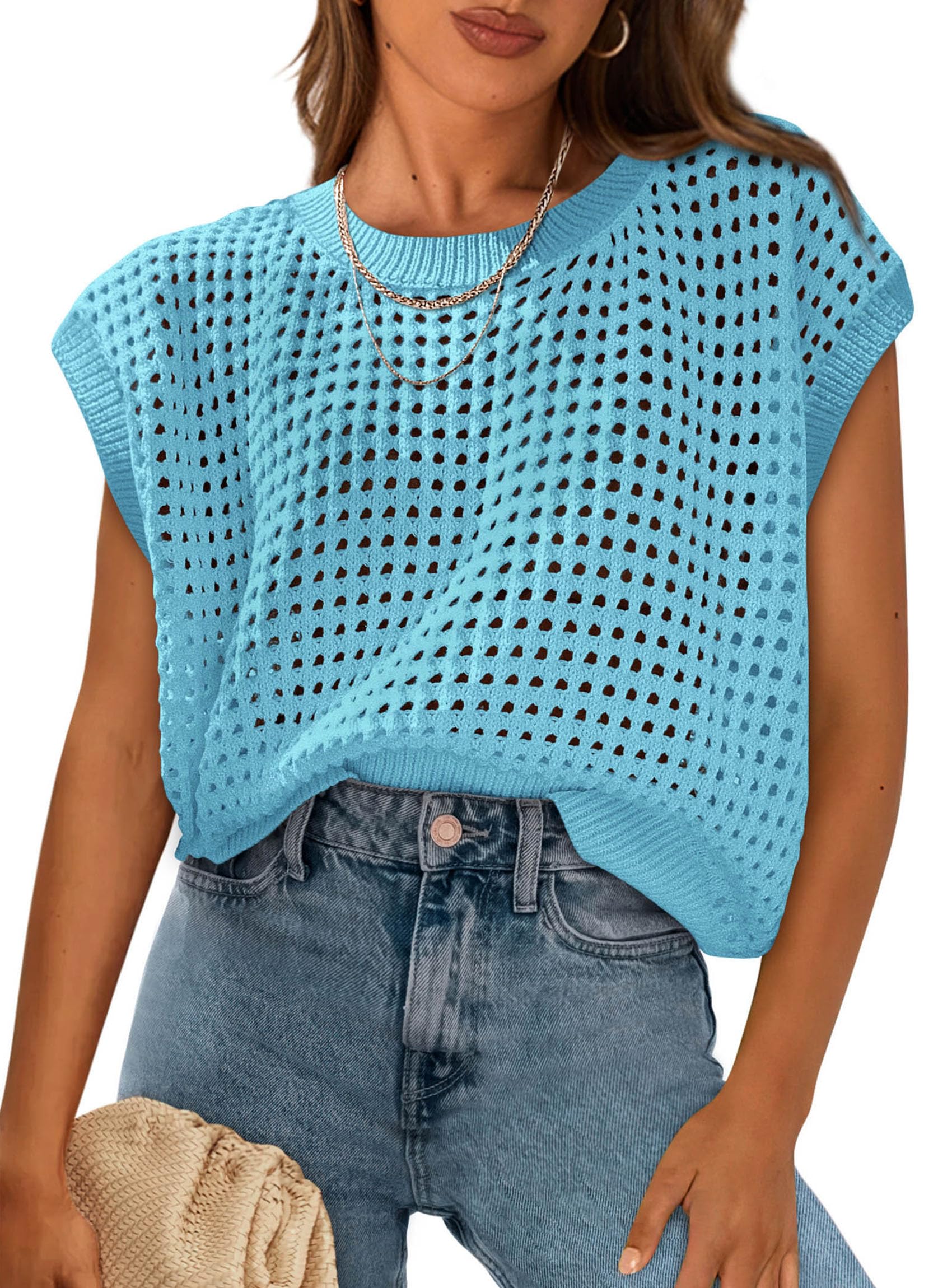 Women's Summer Crochet Cap Sleeve Sweater Tops,Sky Blue,S