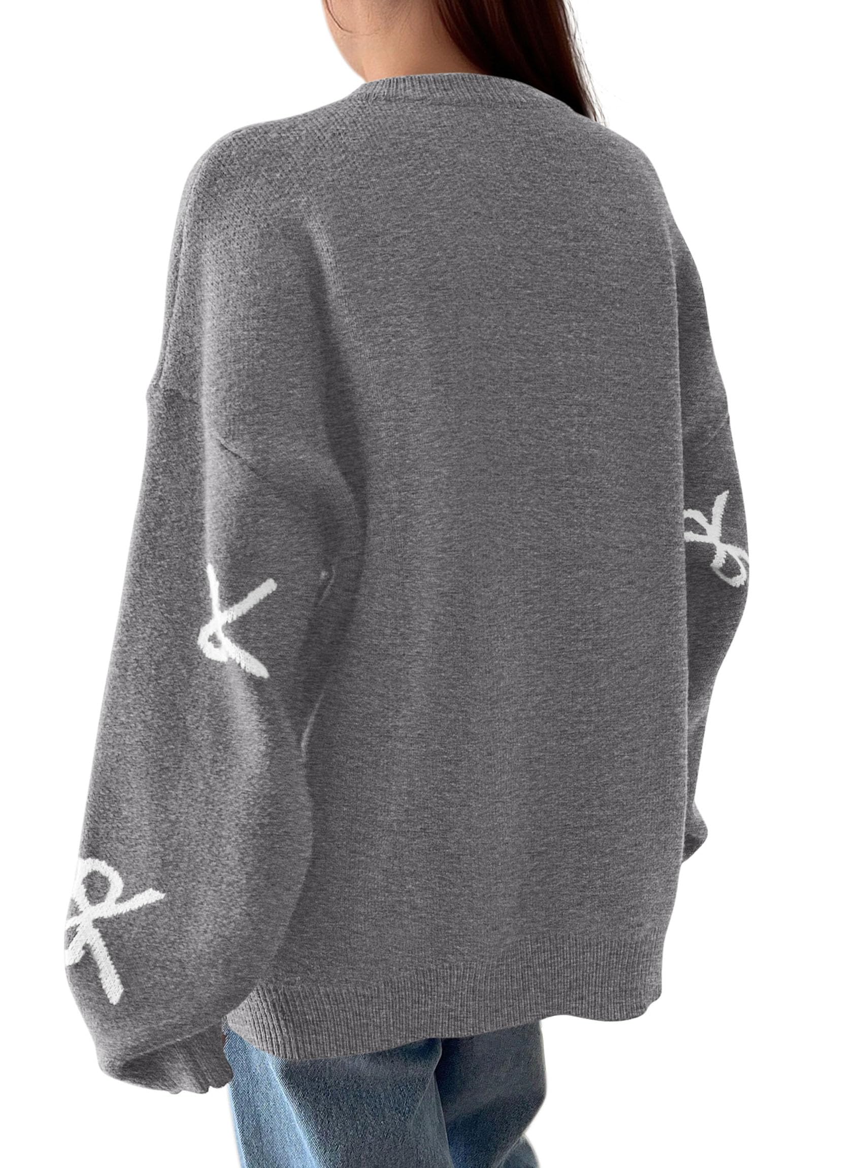 Fall Long Sleeve Pullover Sweaters for Women 2026 Trendy Crewneck Casual Cute Bow Chunky Knit Oversized Sweater (Grey,Small)