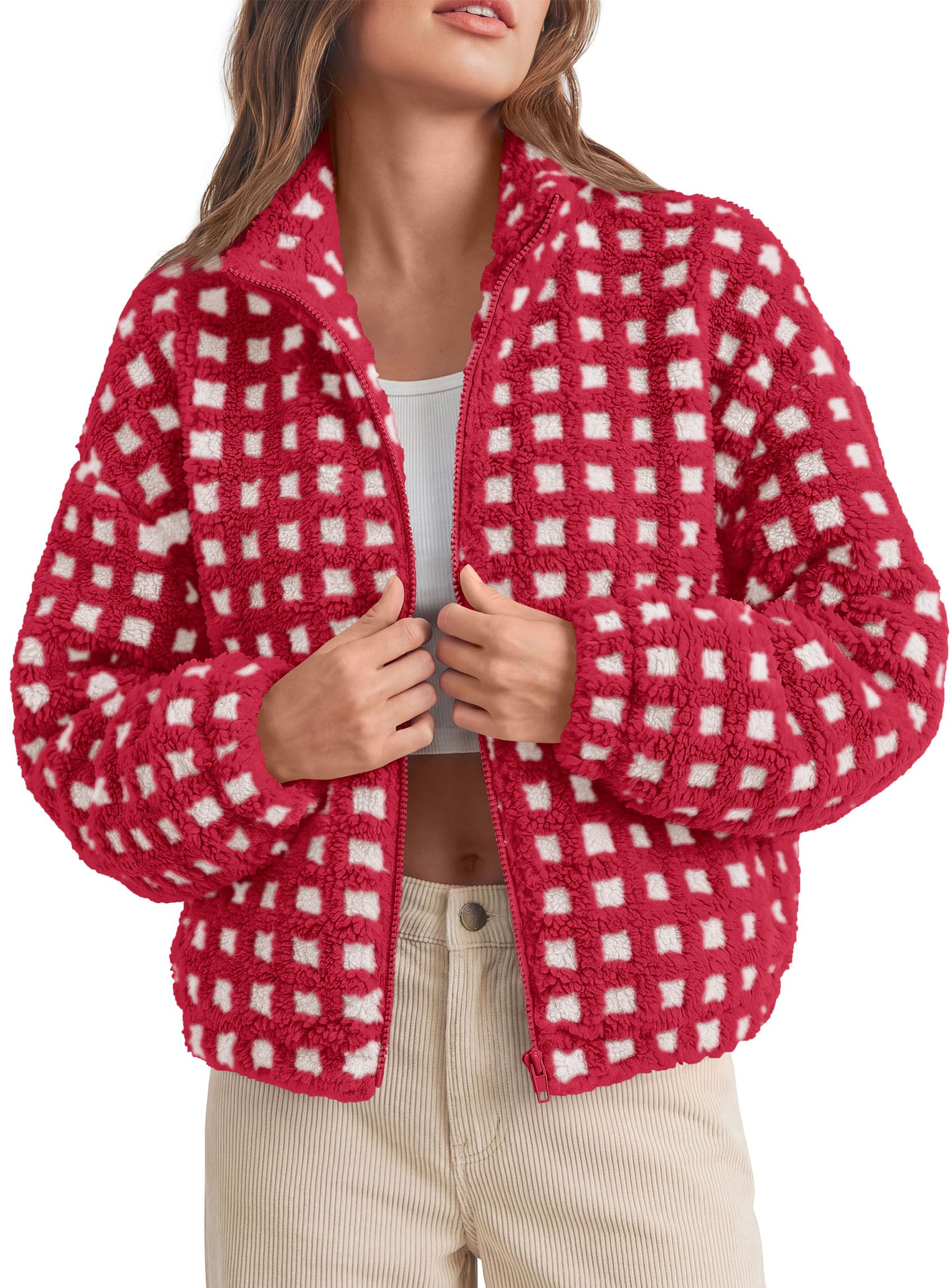 Women's Gingham Sherpa Fleece Jacket Plaid Cropped Teddy Coat