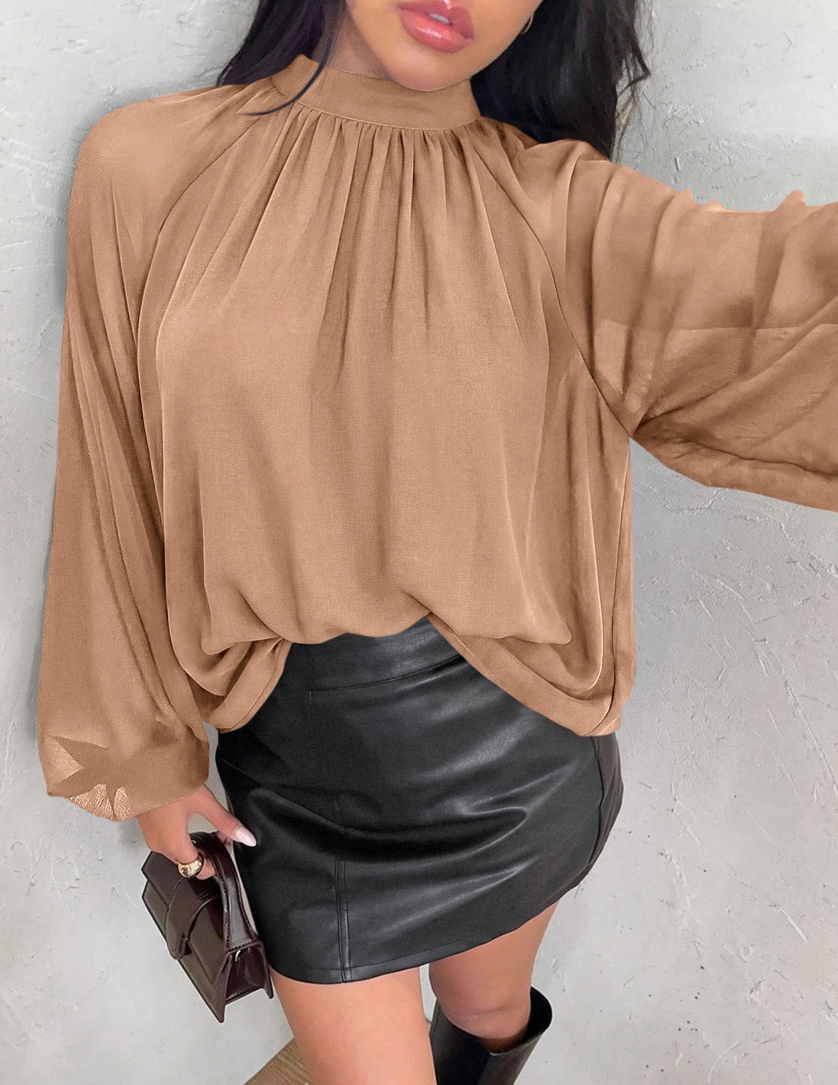 Chiffon Blouses for Women Dressy Casual Mock Neck Tops Khaki