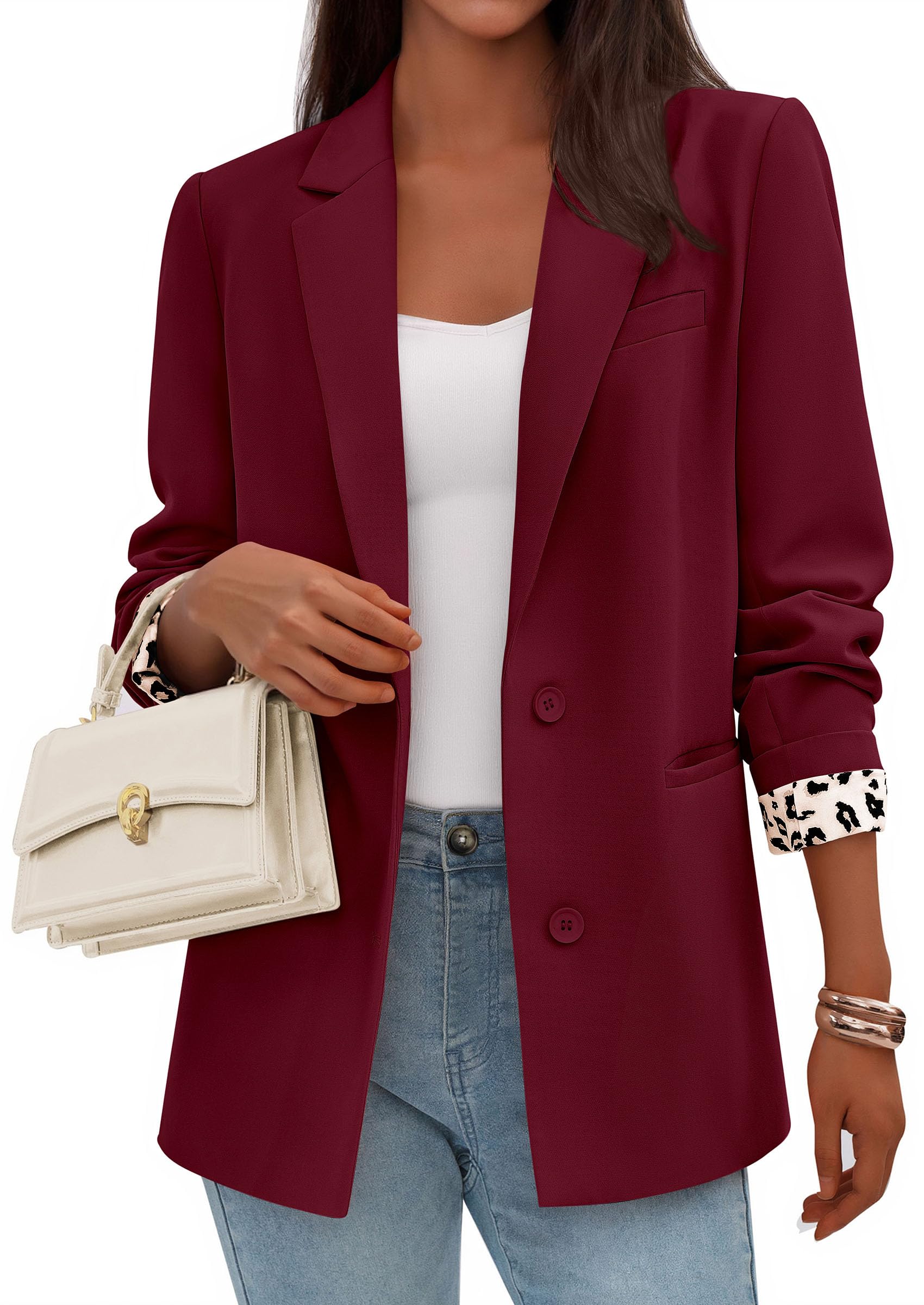 Womens Open Front Leopard Blazers Suit Jackets,Burgundy,S