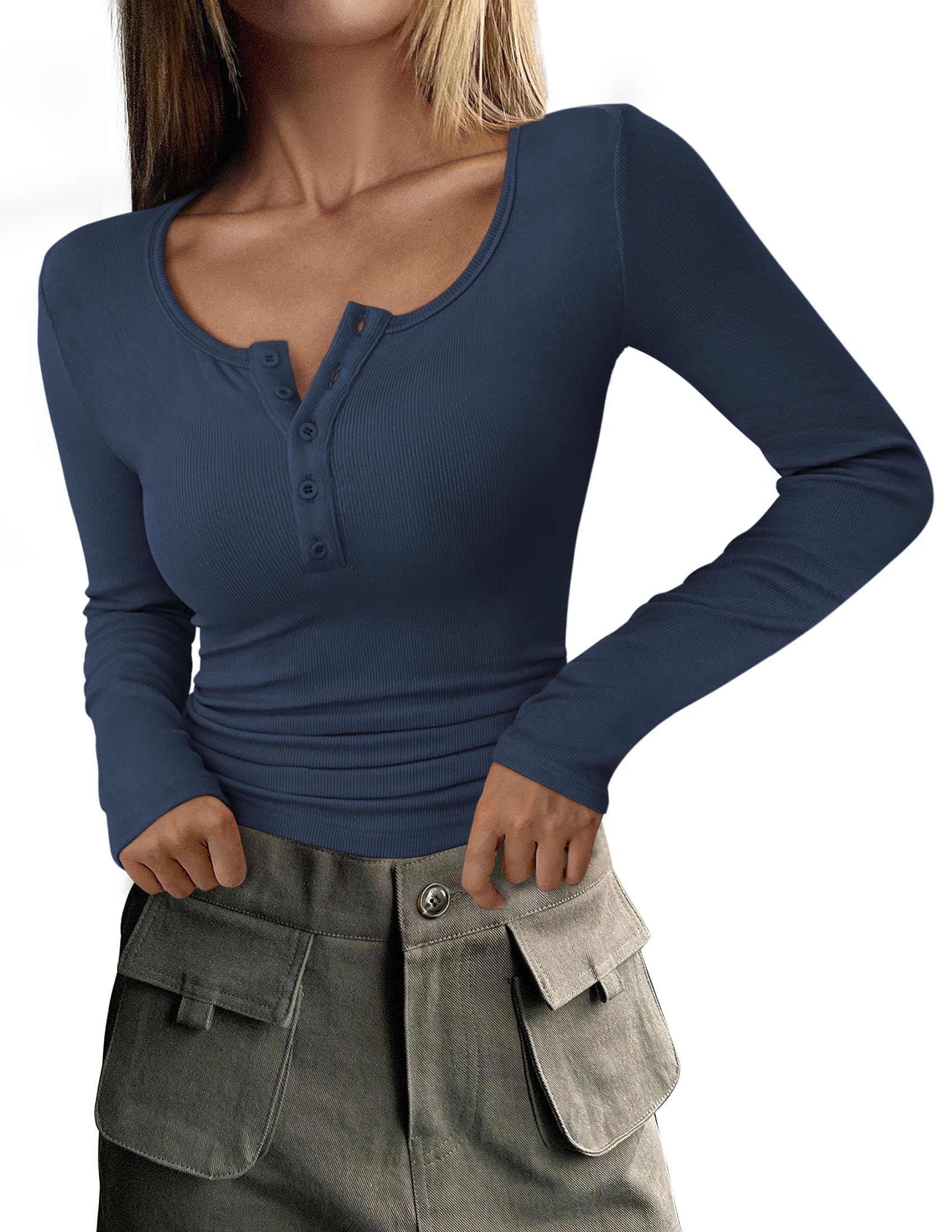 Women's Fall Long Sleeve Henley T Shirts Dark Blue