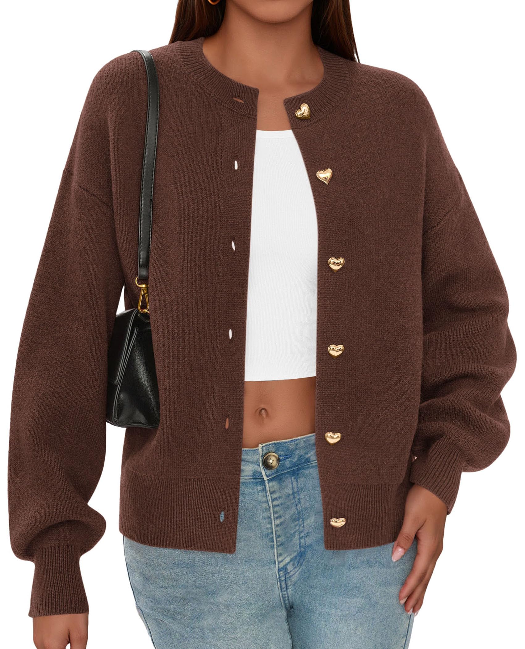 Women's Long Sleeve Button Up Cardigan,Brown,S