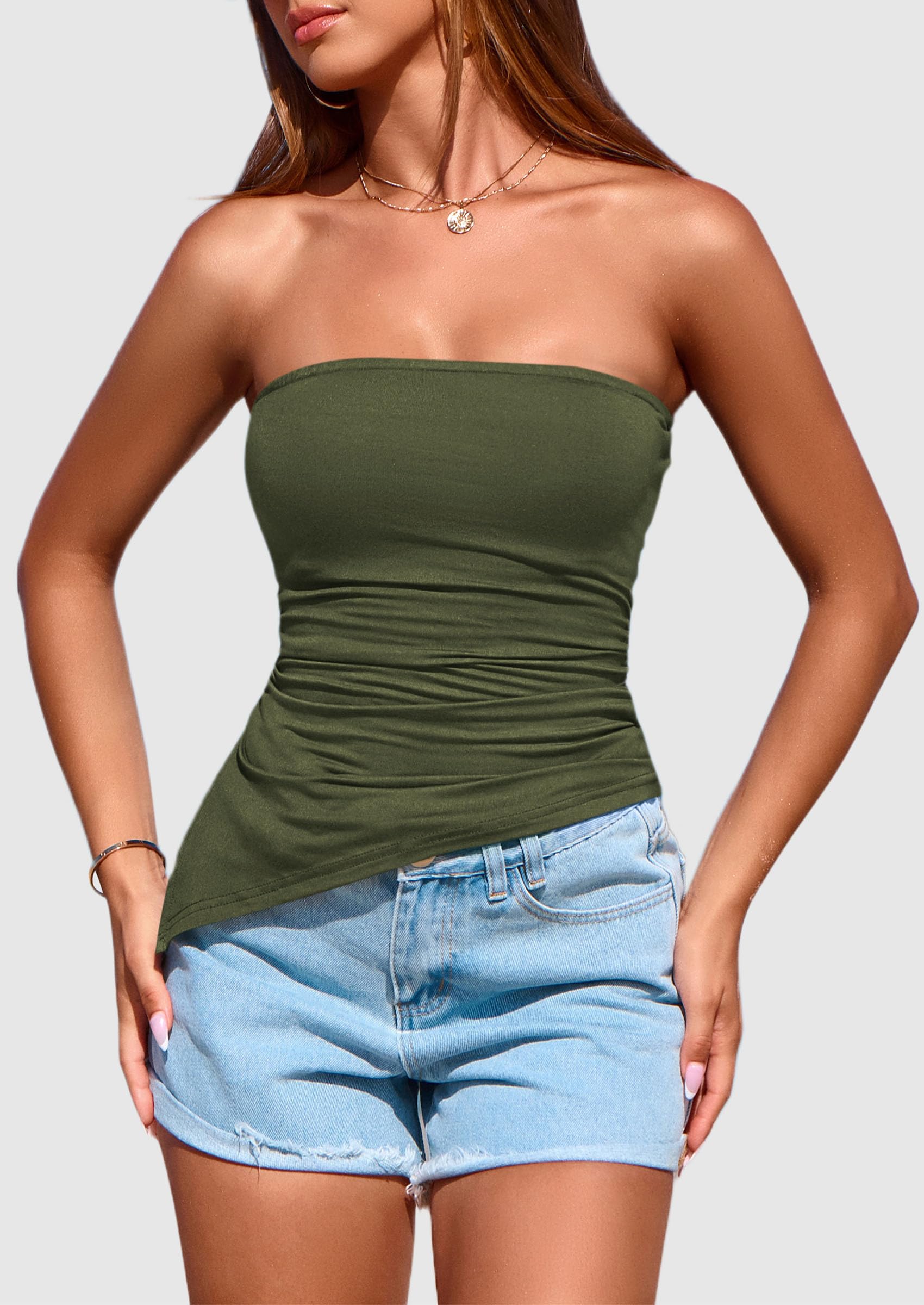 Women's Ruched Asymmetrical Strapless Tube Top, Army Green,S