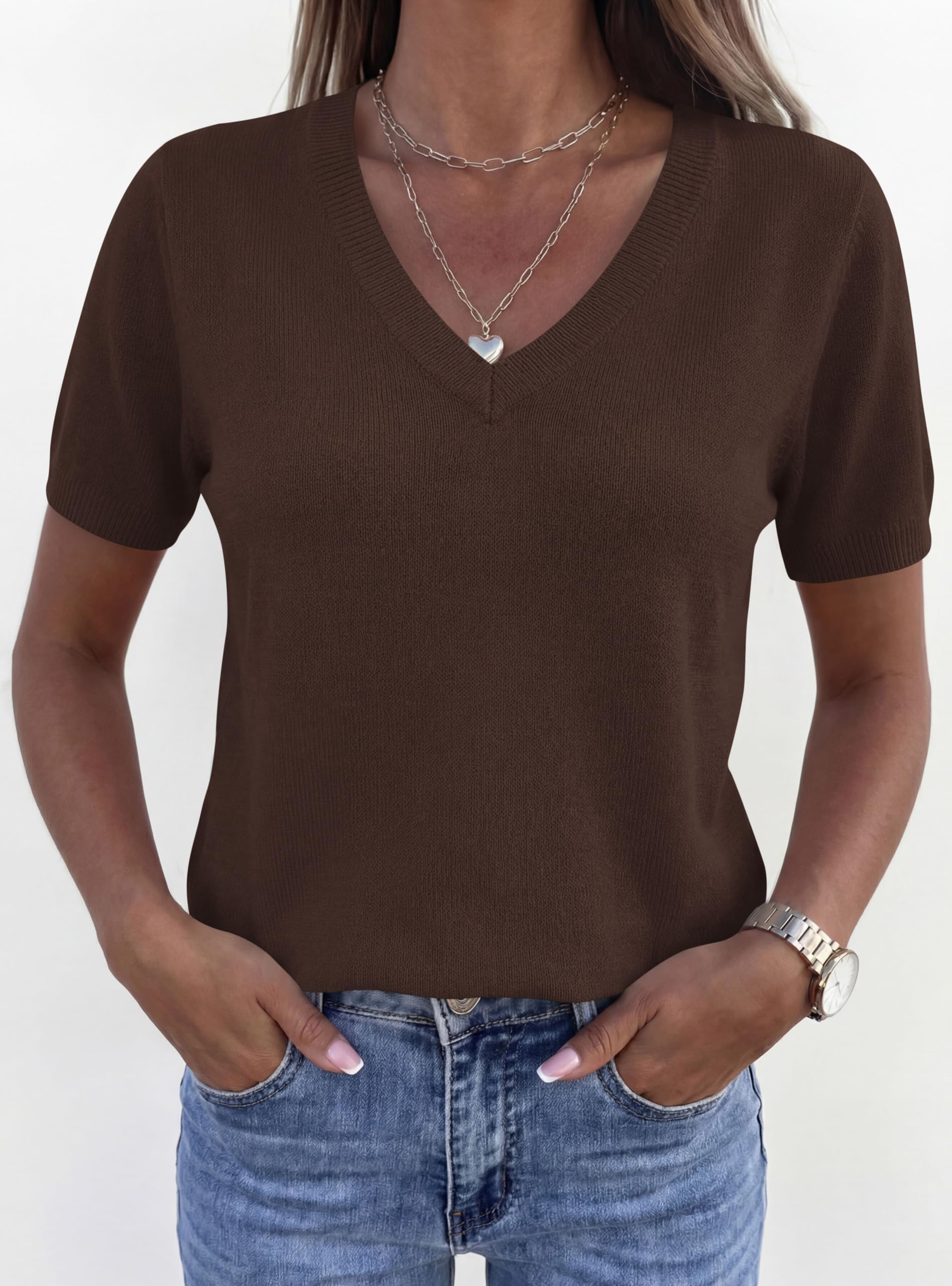 Womens Short Sleeve Sweater V Neck Tops,Brown,S