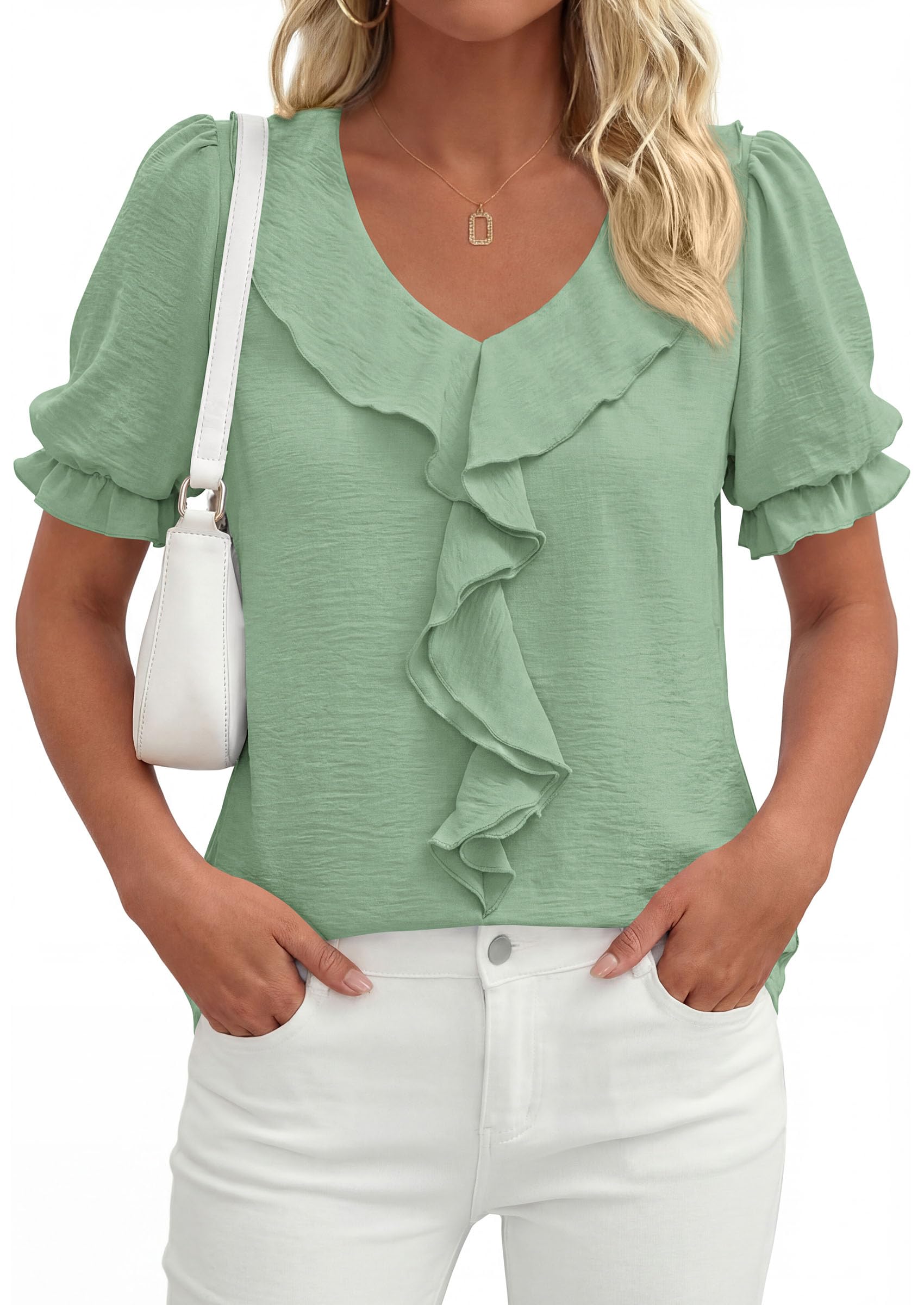 Women's Summer Ruffle Dressy Casual Blouses (Light Green,S)