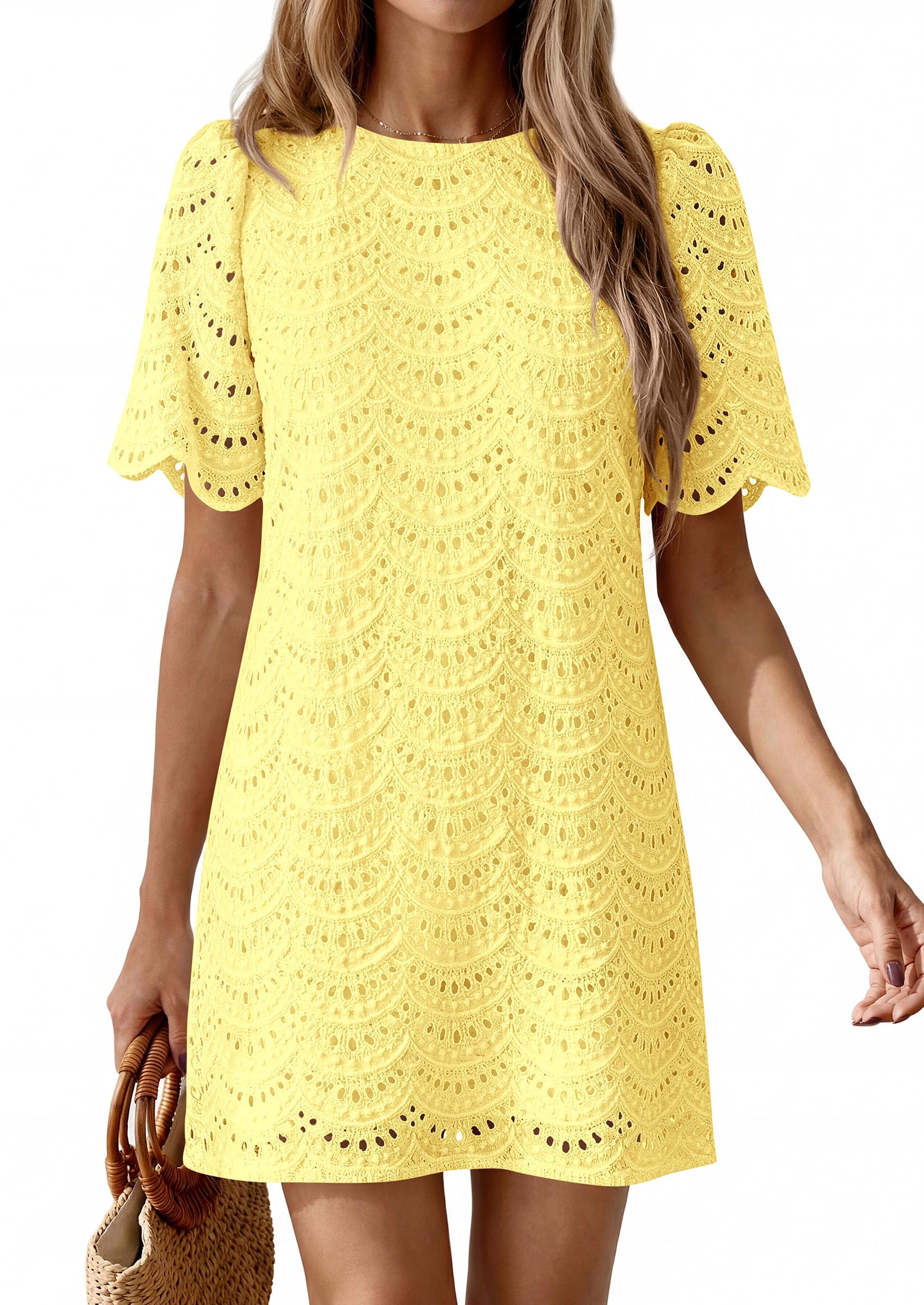 Women's Summer Eyelet Lace Short Dress (Yellow,S)