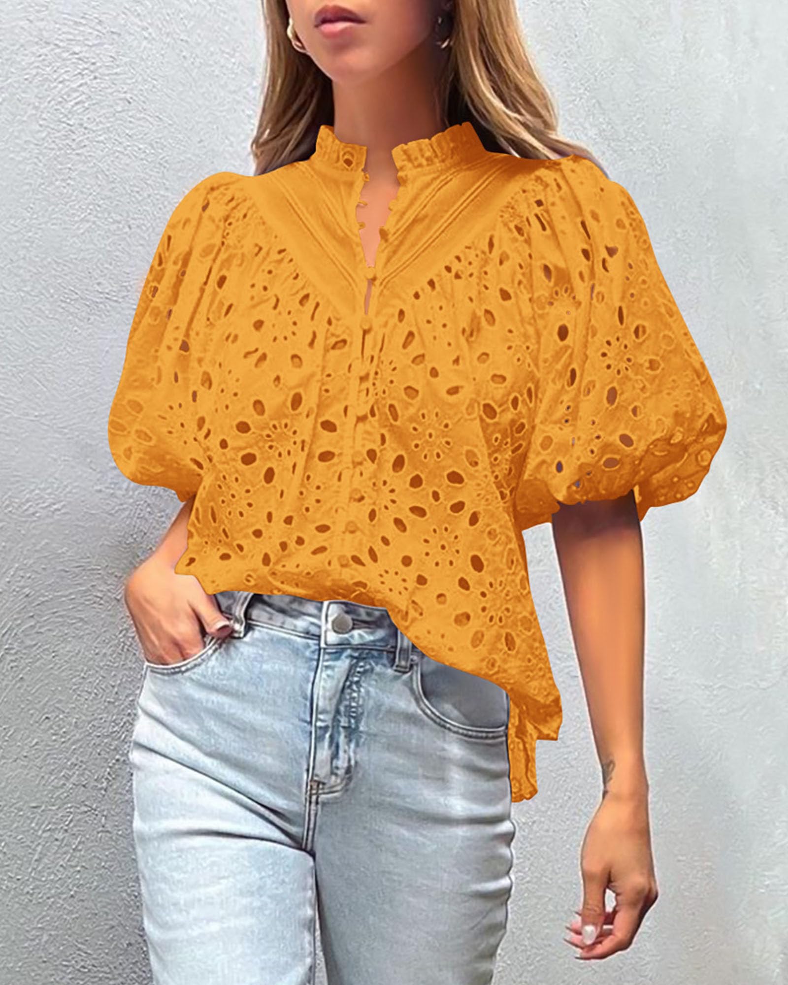Womens Tops Boho Eyelet Puff Sleeve Blouse, Orange Yellow,L