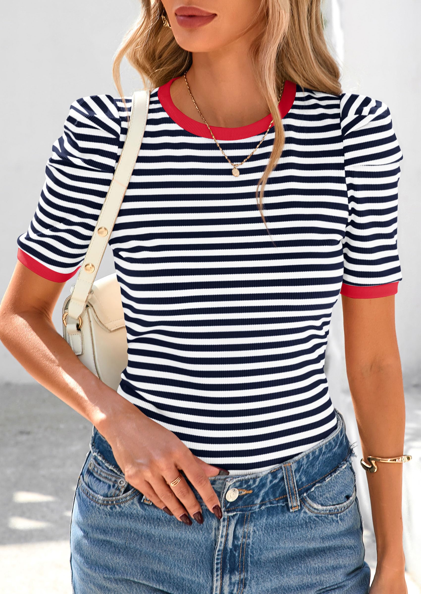 Ribbed Puff Short Sleeve Tops for Women Striped Shirt Navy,XS