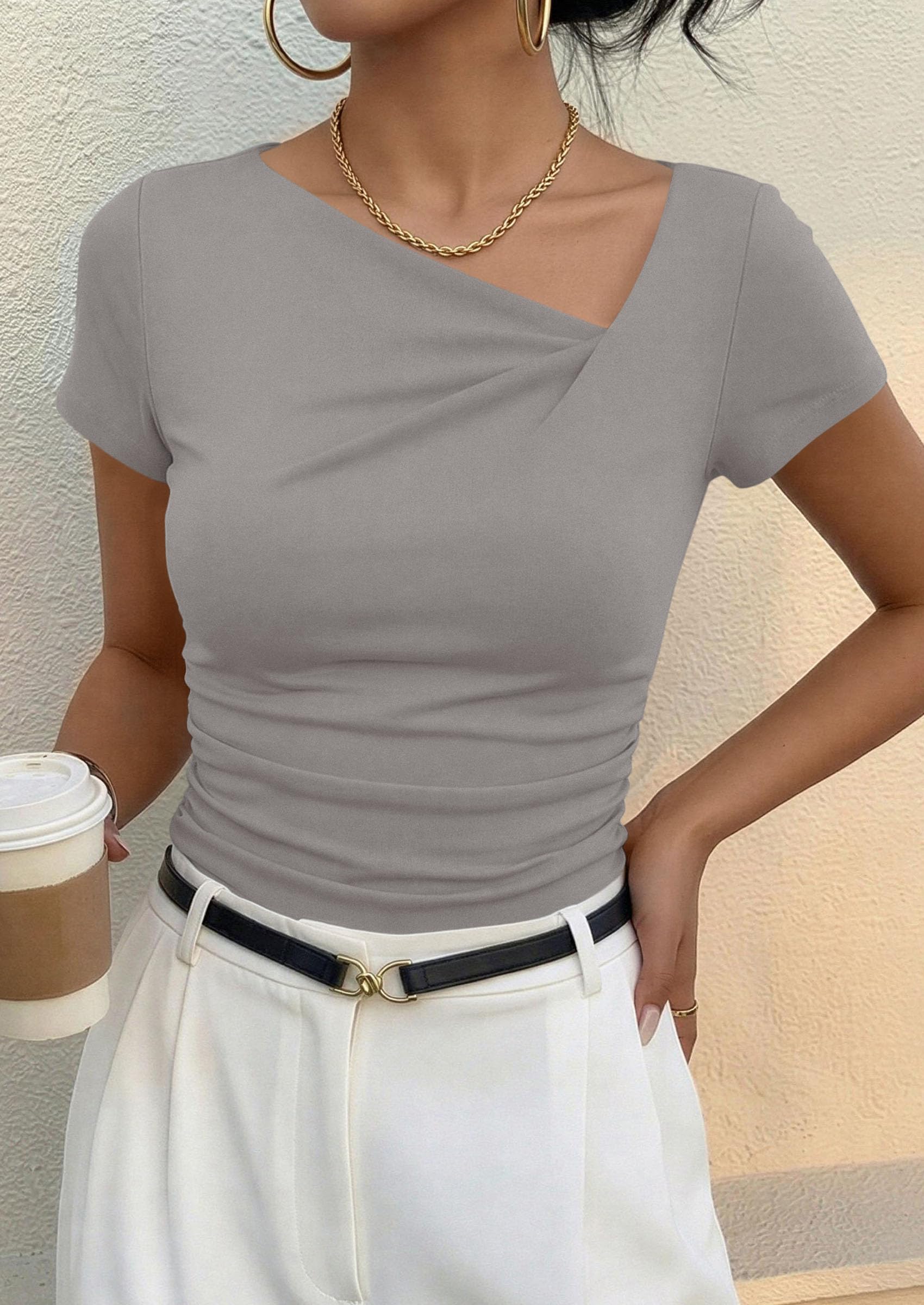 Women's Summer Trendy Asymmetrical Y2K Tops (Light Grey,S)