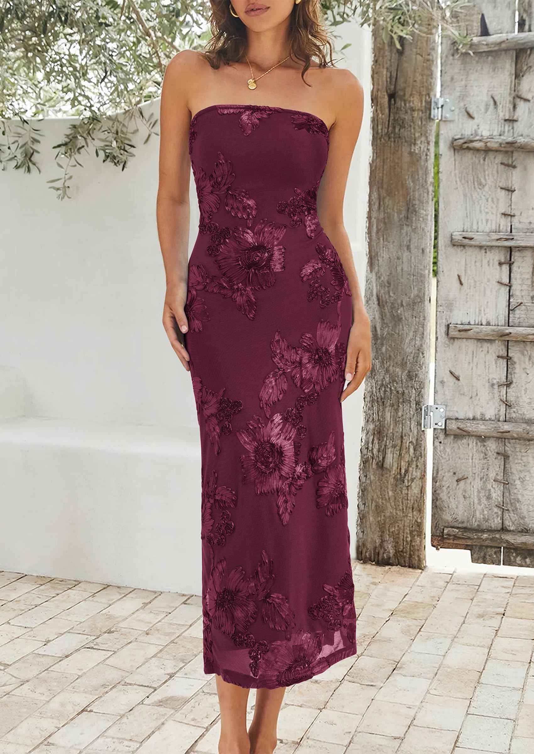 Women's Summer Wedding Guest Floral Midi Dress, Burgundy,XS