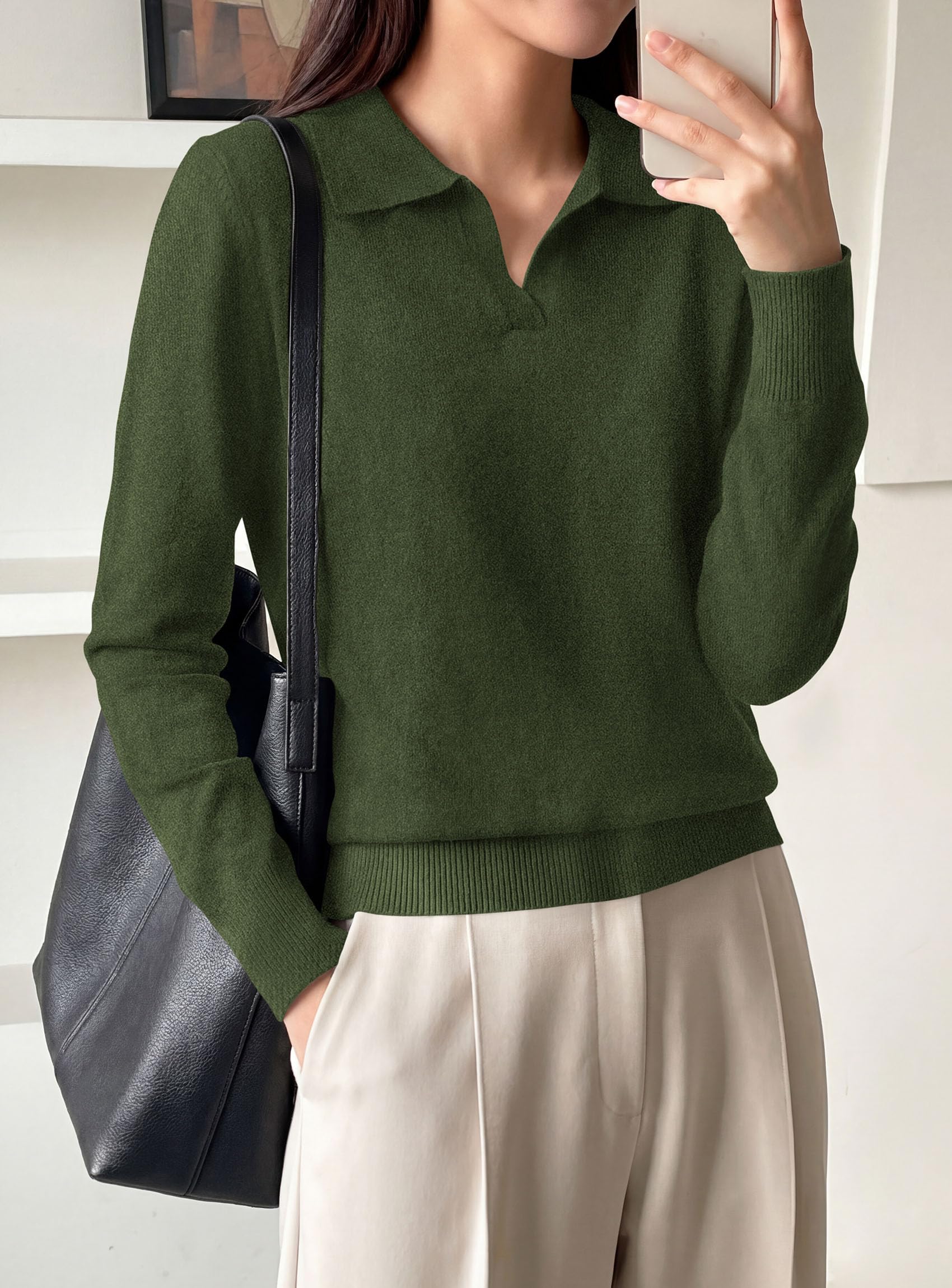Womens Long Sleeve Collared Polo Sweater,Army Green,S