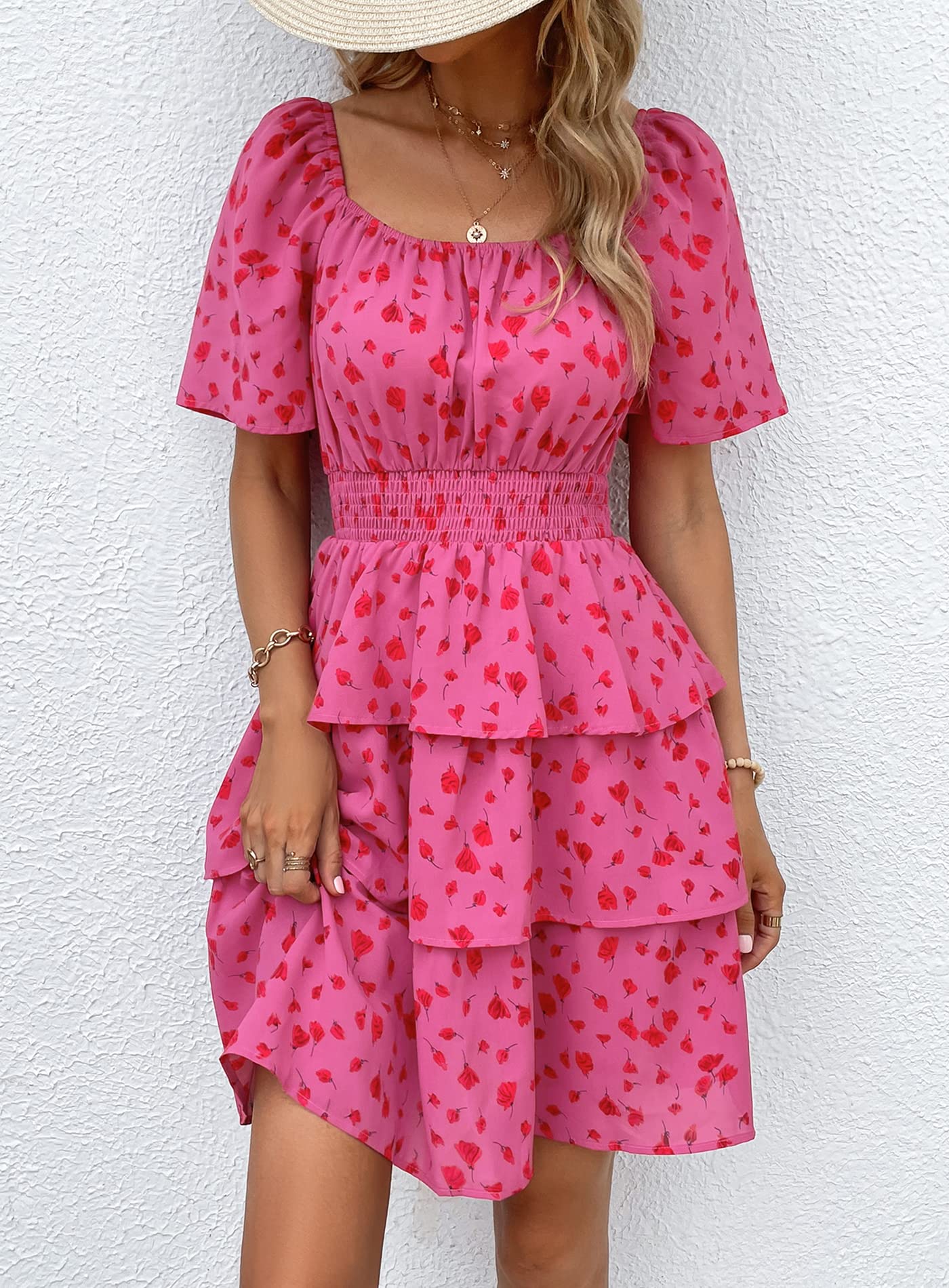 Women's Summer Floral Ruffle Short Dress Red Floral,S