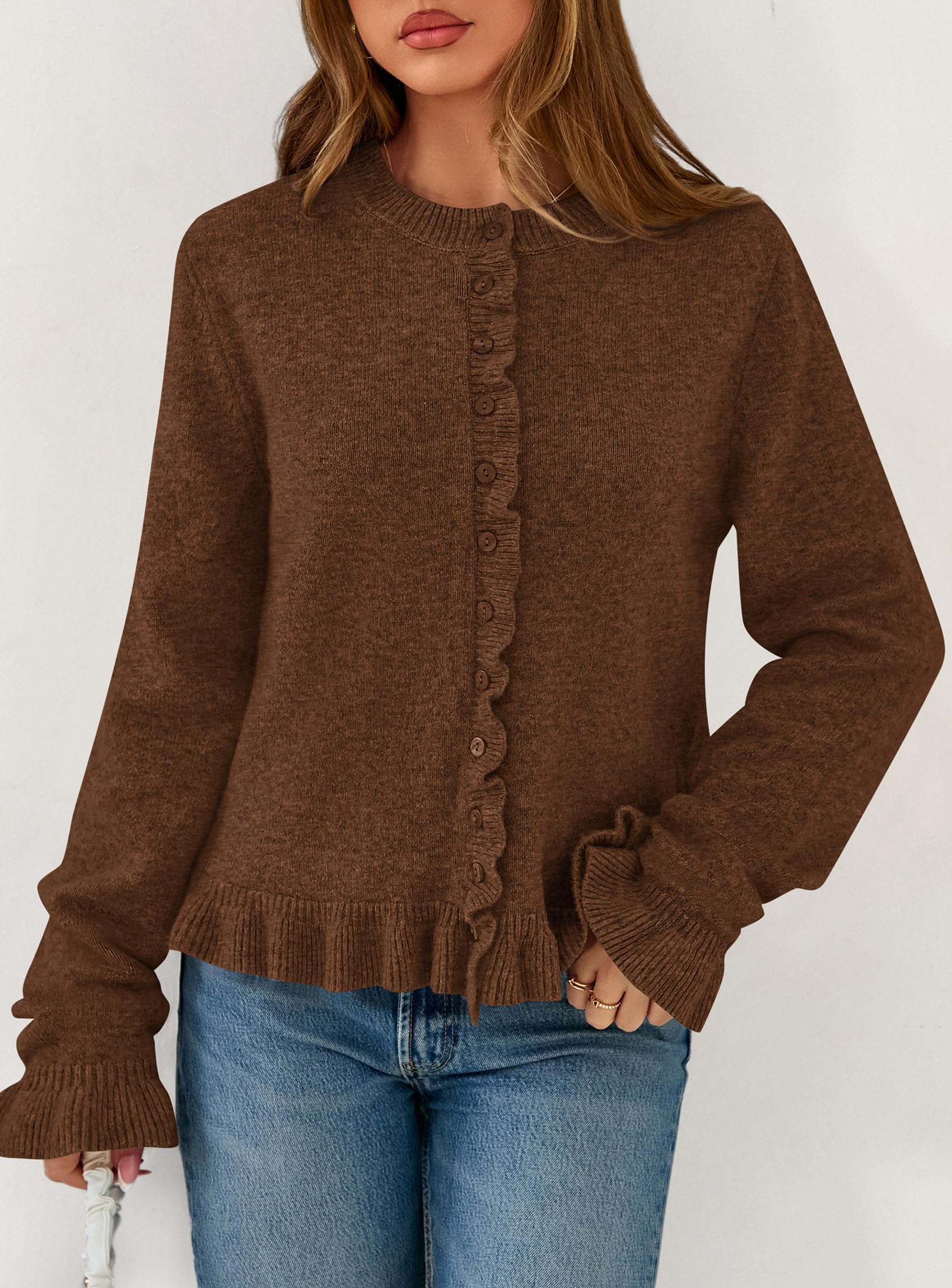 Womens Ruffle Button Down Cardigan Sweaters,Brown,S