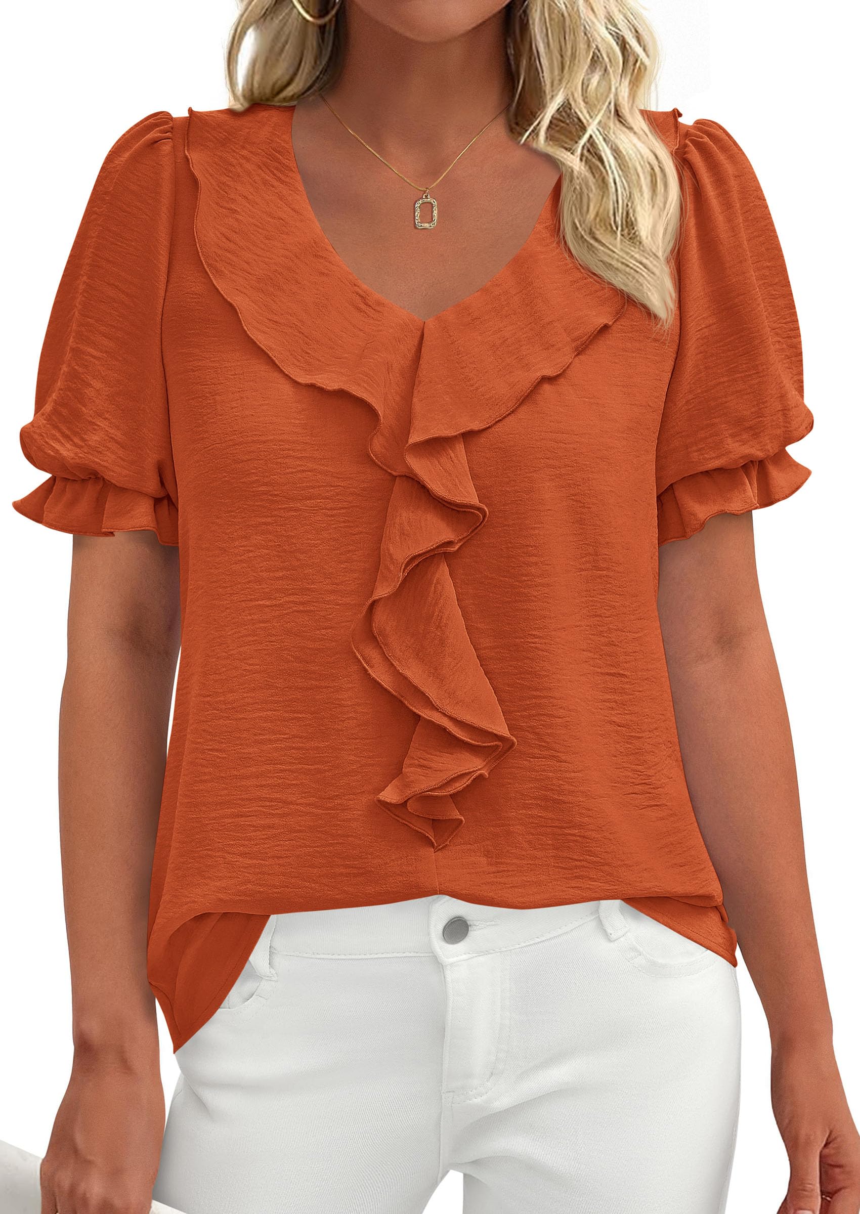 Women's Summer Ruffle Dressy Casual Blouses (Brown Orange,S)