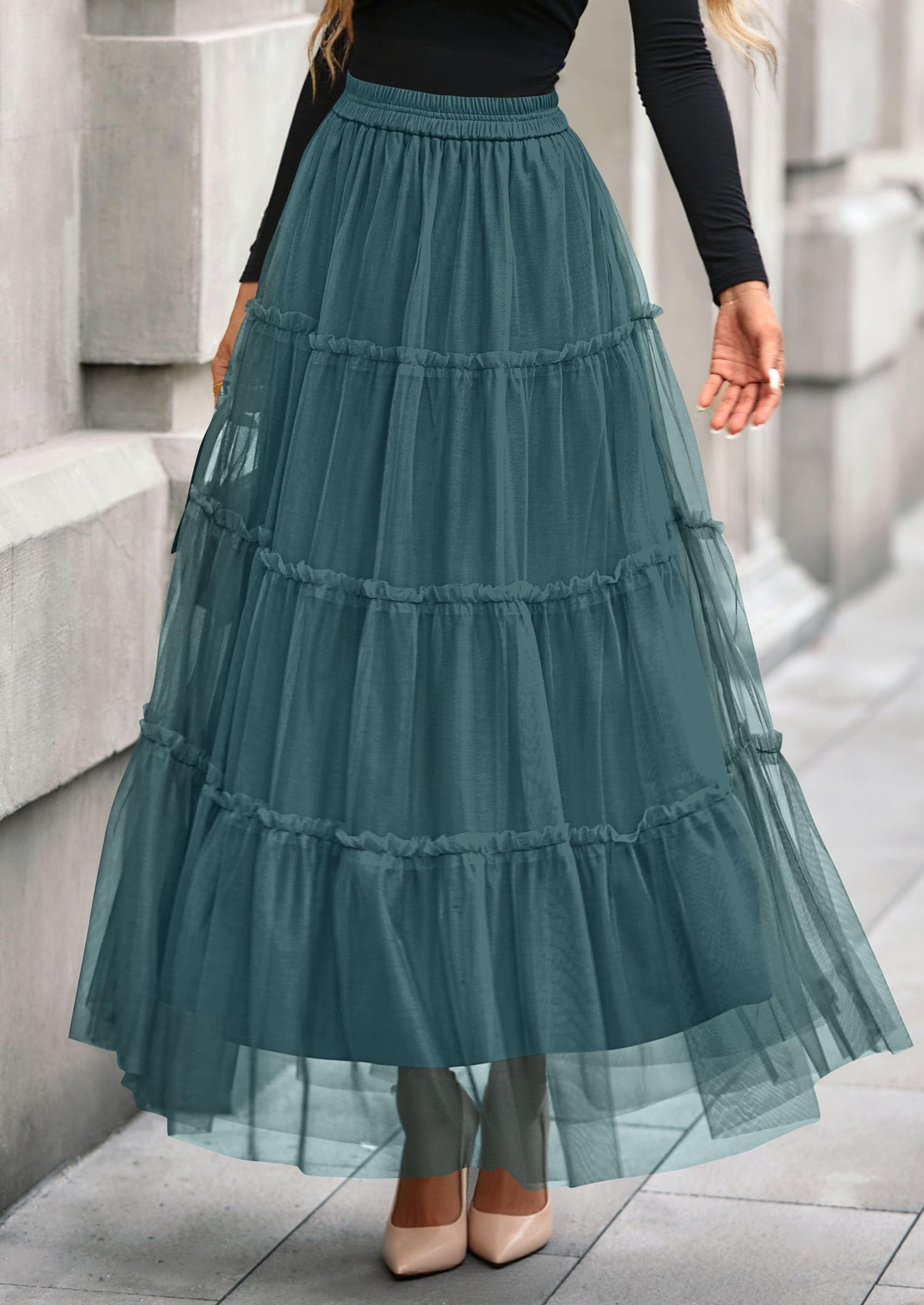 Women's Fall Soft Tulle Tiered Long Skirt,Sage Green,M
