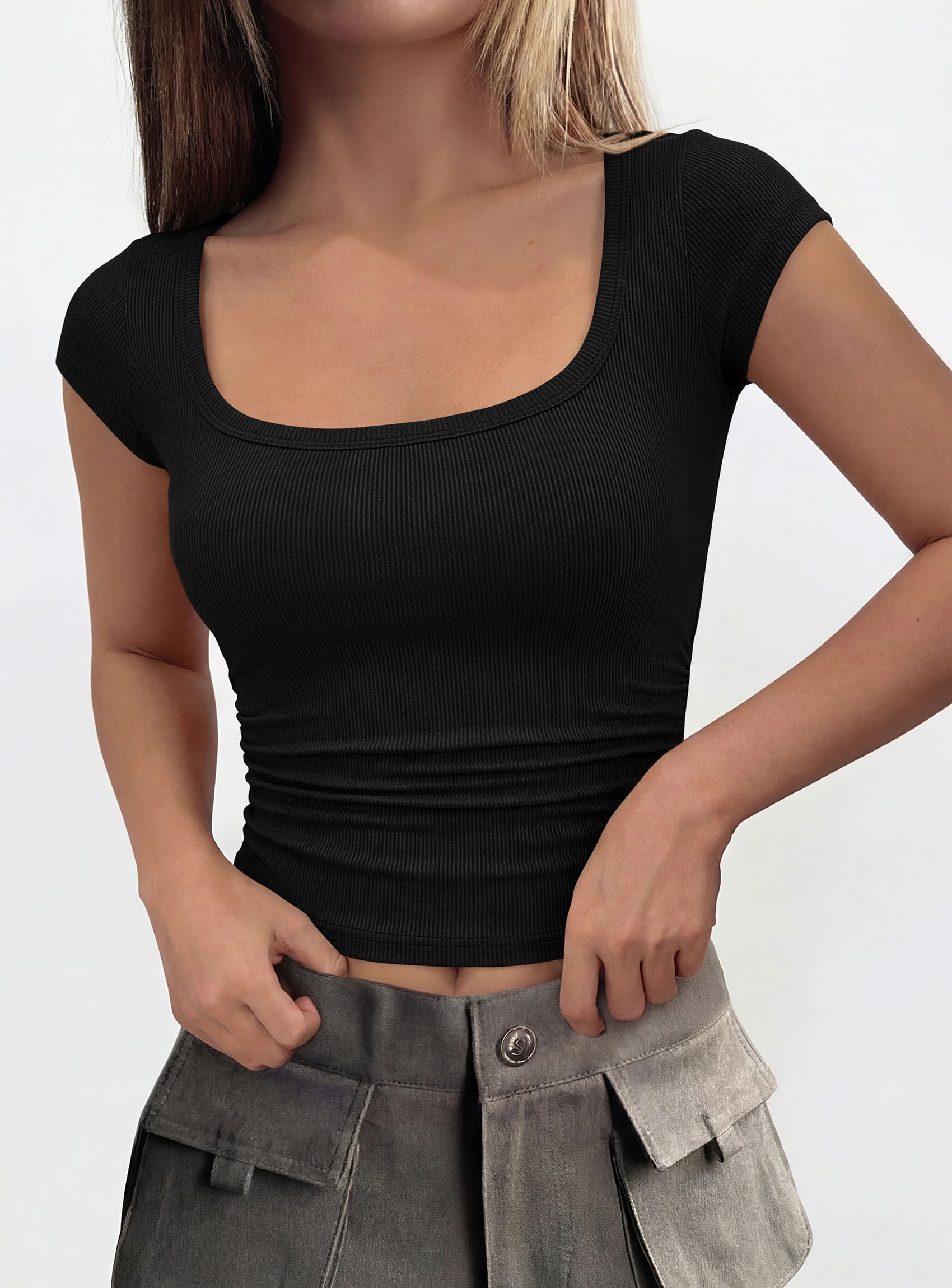 Short Sleeve Tops for Women Slim Fit T Shirts,Black,XS