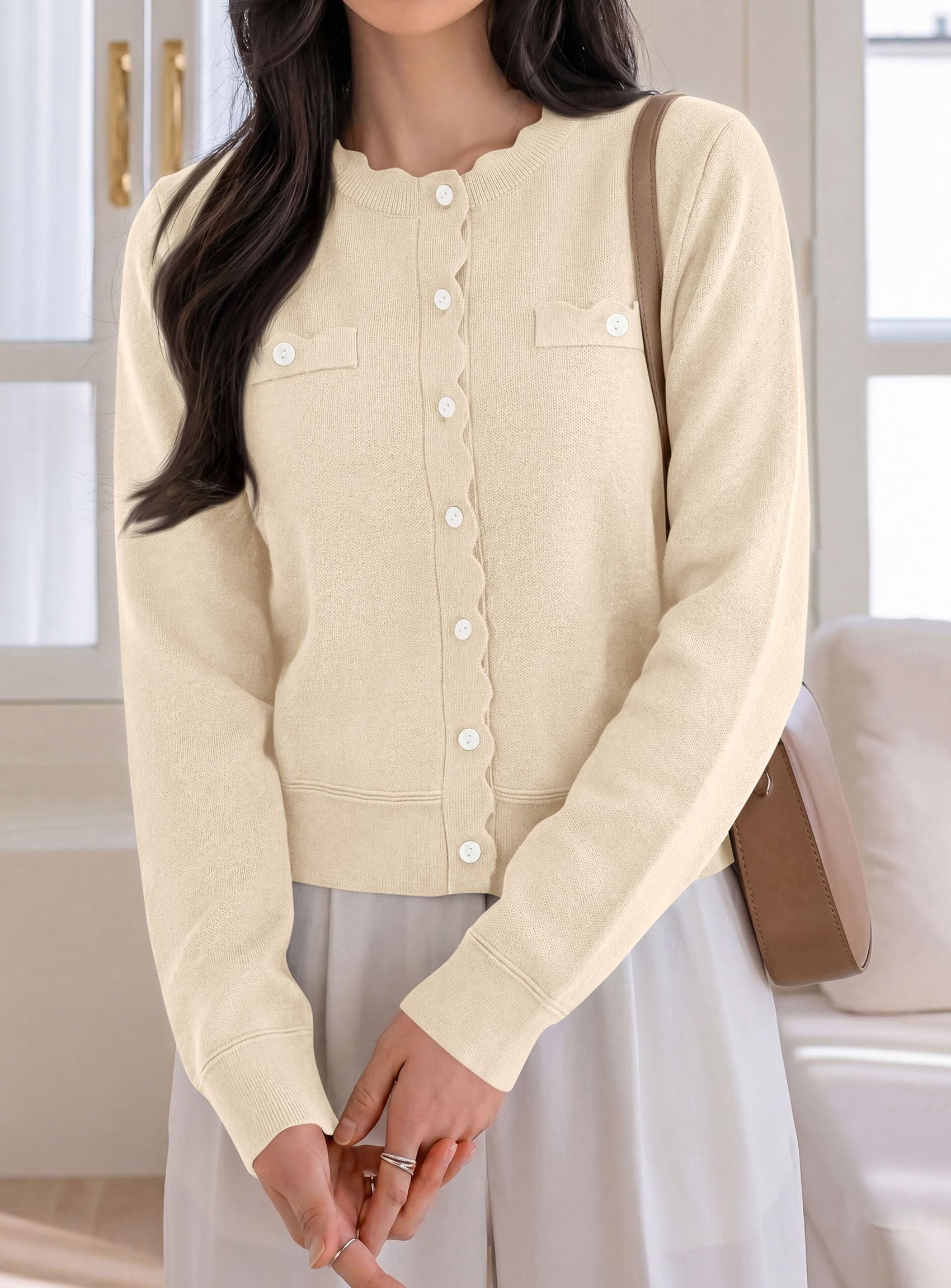 Womens Lightweight Cardigan Sweaters Scalloped Trim Fall Tops