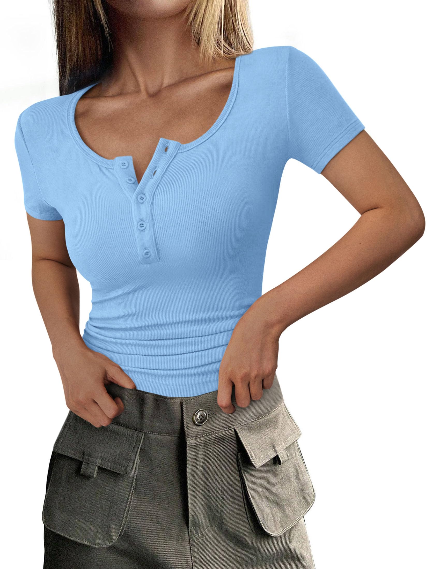 Women's Summer Tops Henley Tee Shirts (Light Blue,X-Small)