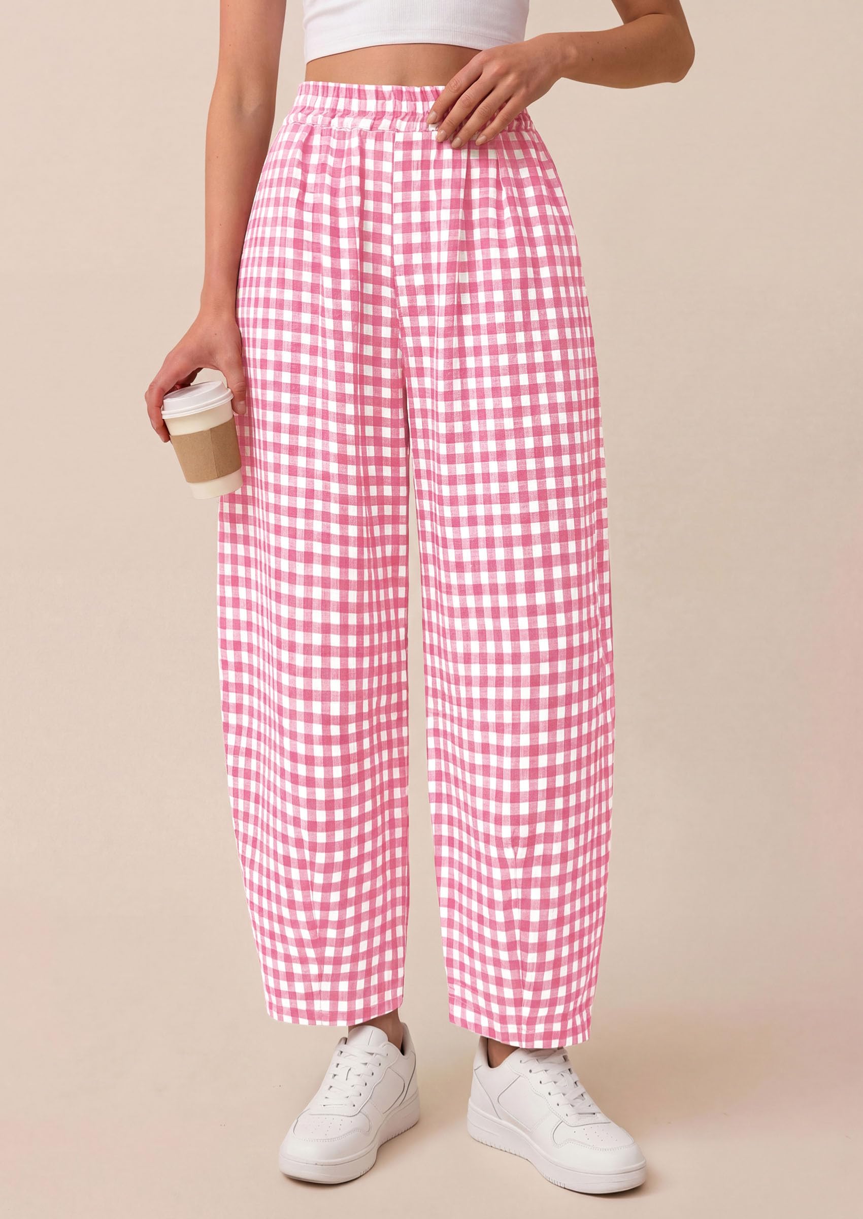 Plaid Barrel Pants Women Summer Bottoms, Pink Plaid,S