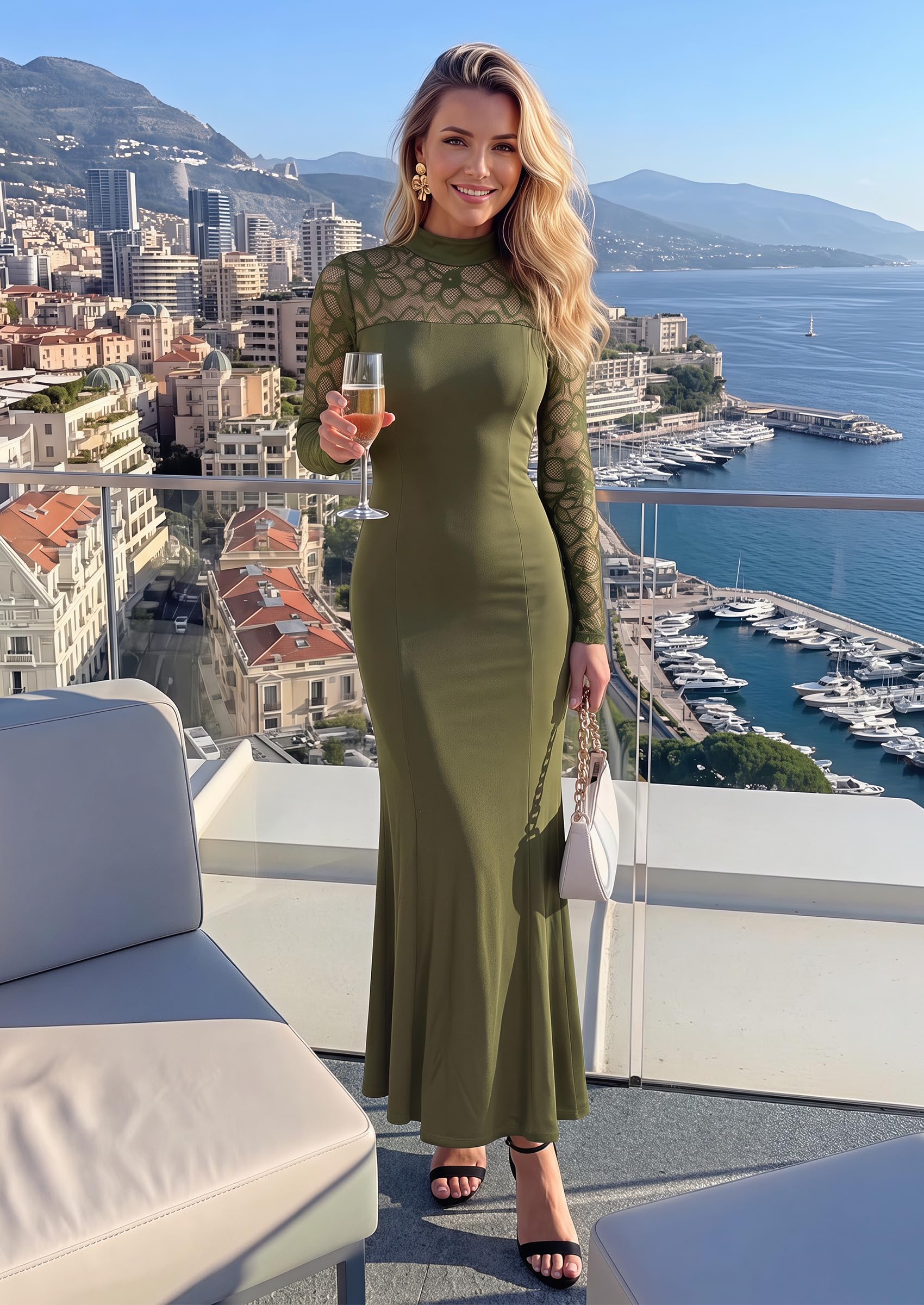 Women's Fall Lace Sheer Dress Bodycon Maxi Cocktail Dresses
