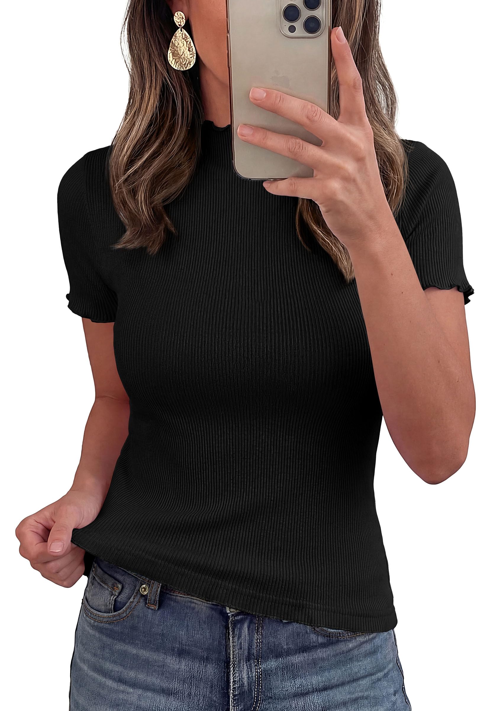 Women's Short Sleeve Ribbed Knit T Shirts, Black,XS
