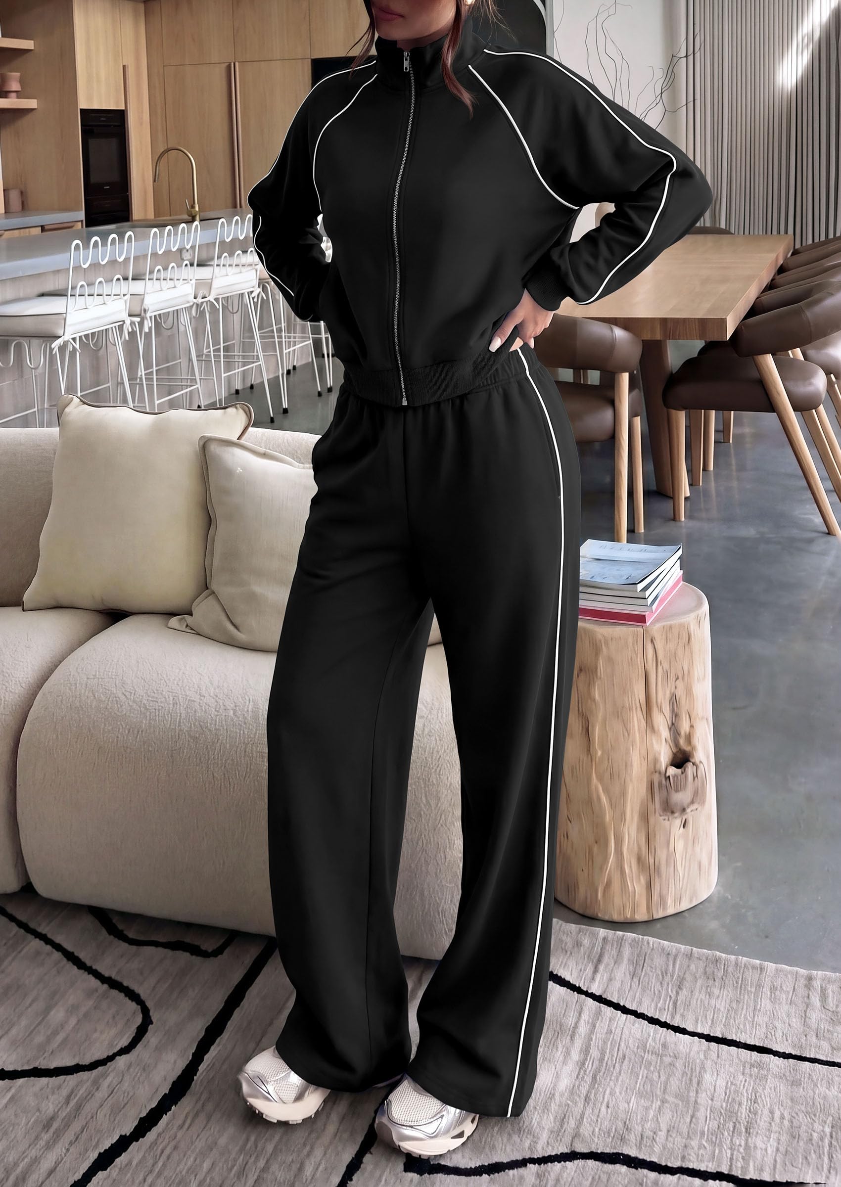 Women's 2 Piece Sweat Set Casual Fall Outfits,Black,S