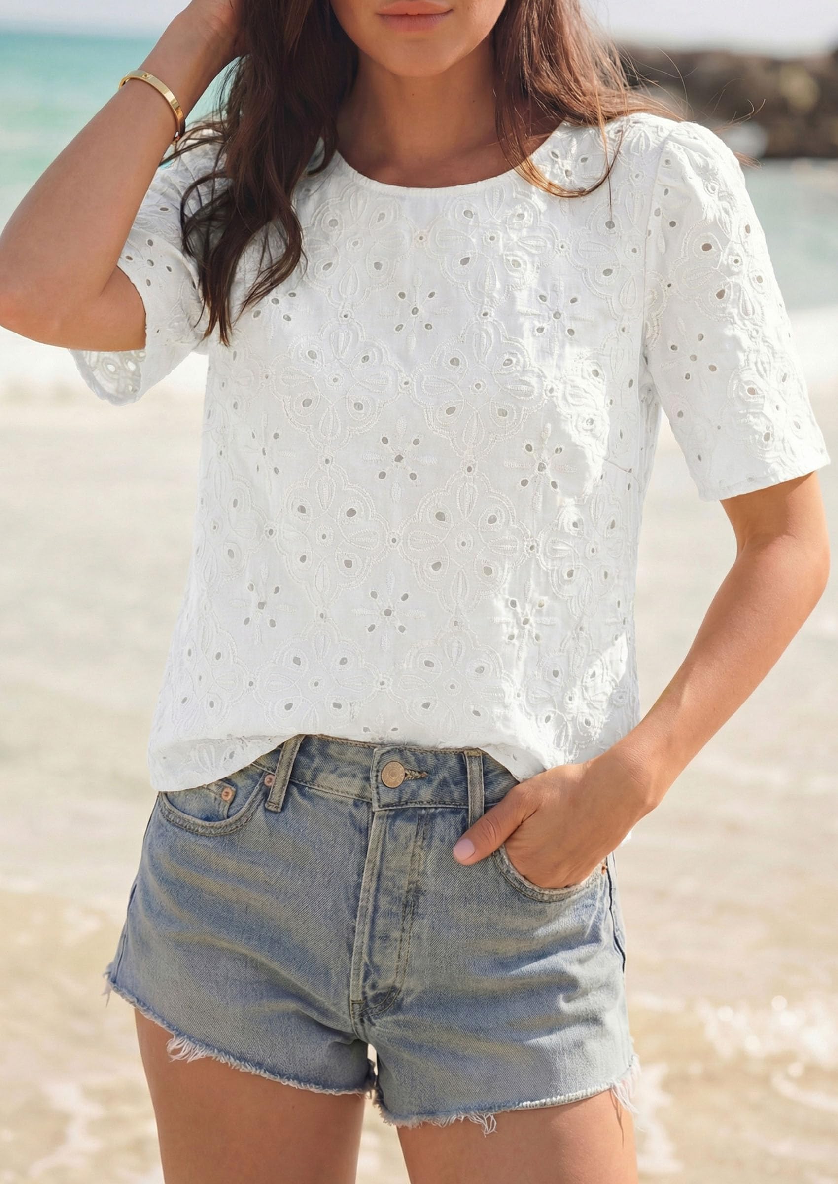 Women's Embroidered Eyelet Short Sleeve Blouse, White,XS