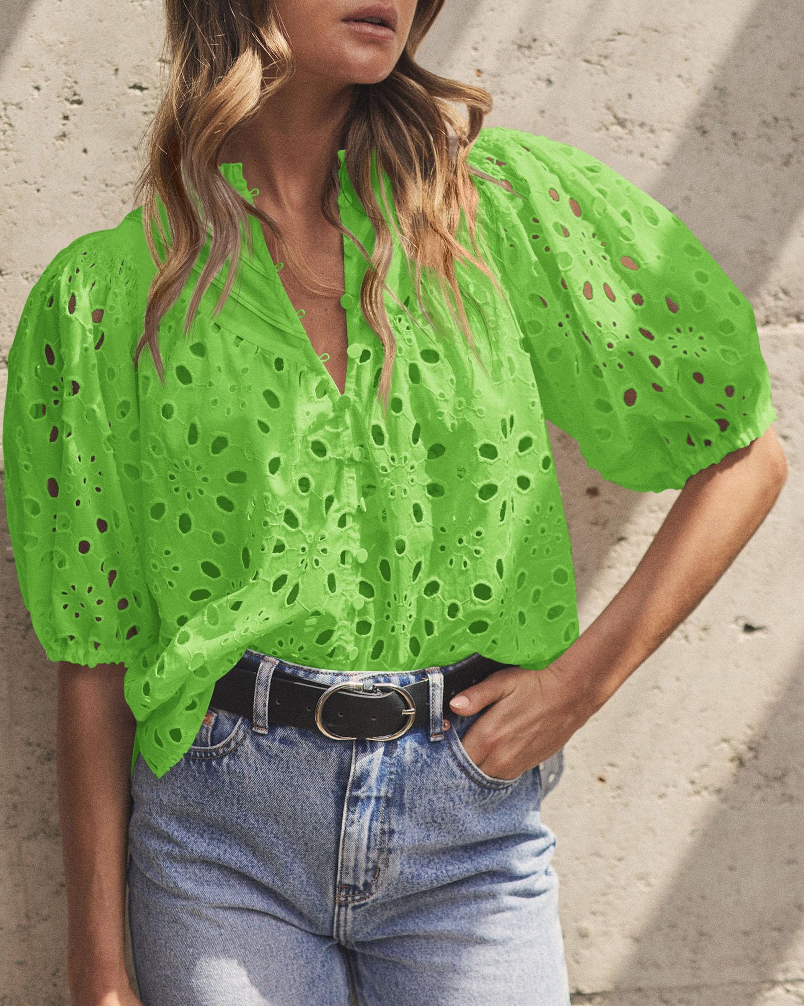 Womens Tops Boho Eyelet Puff Sleeve Blouse, Grass Green,S
