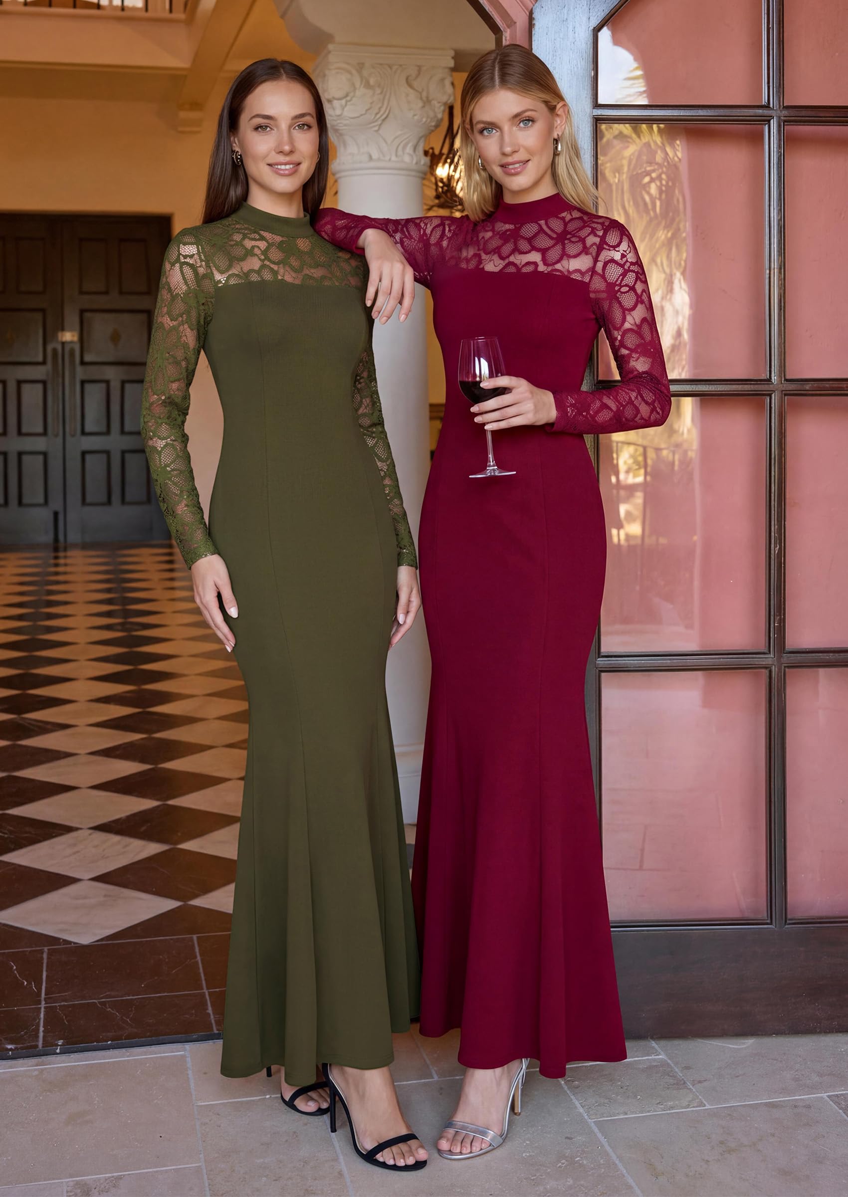 Women's Fall Lace Sheer Dress Bodycon Maxi Cocktail Dresses