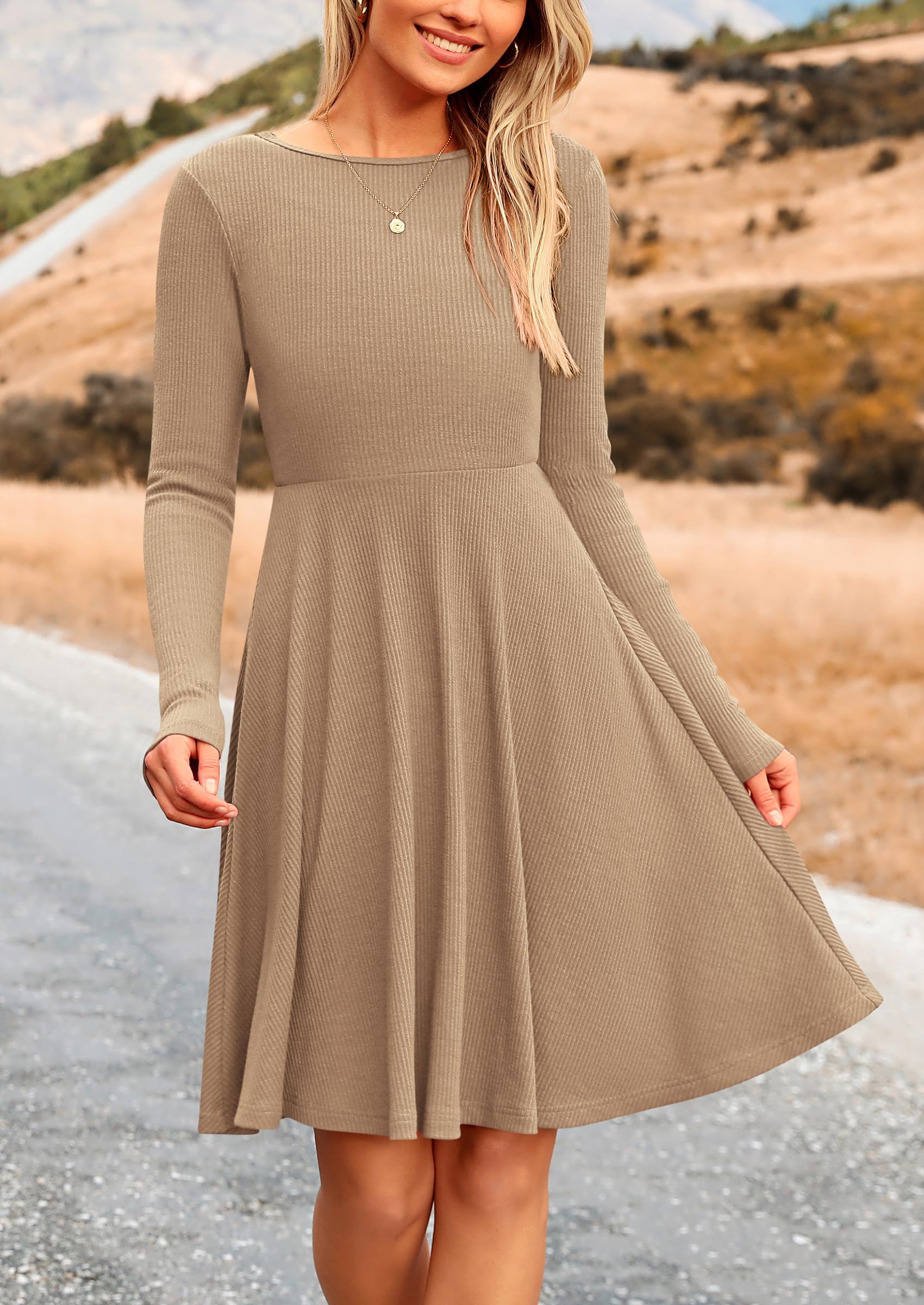 Women's Fall Casual Long Sleeve Short Dress (Khaki,S)