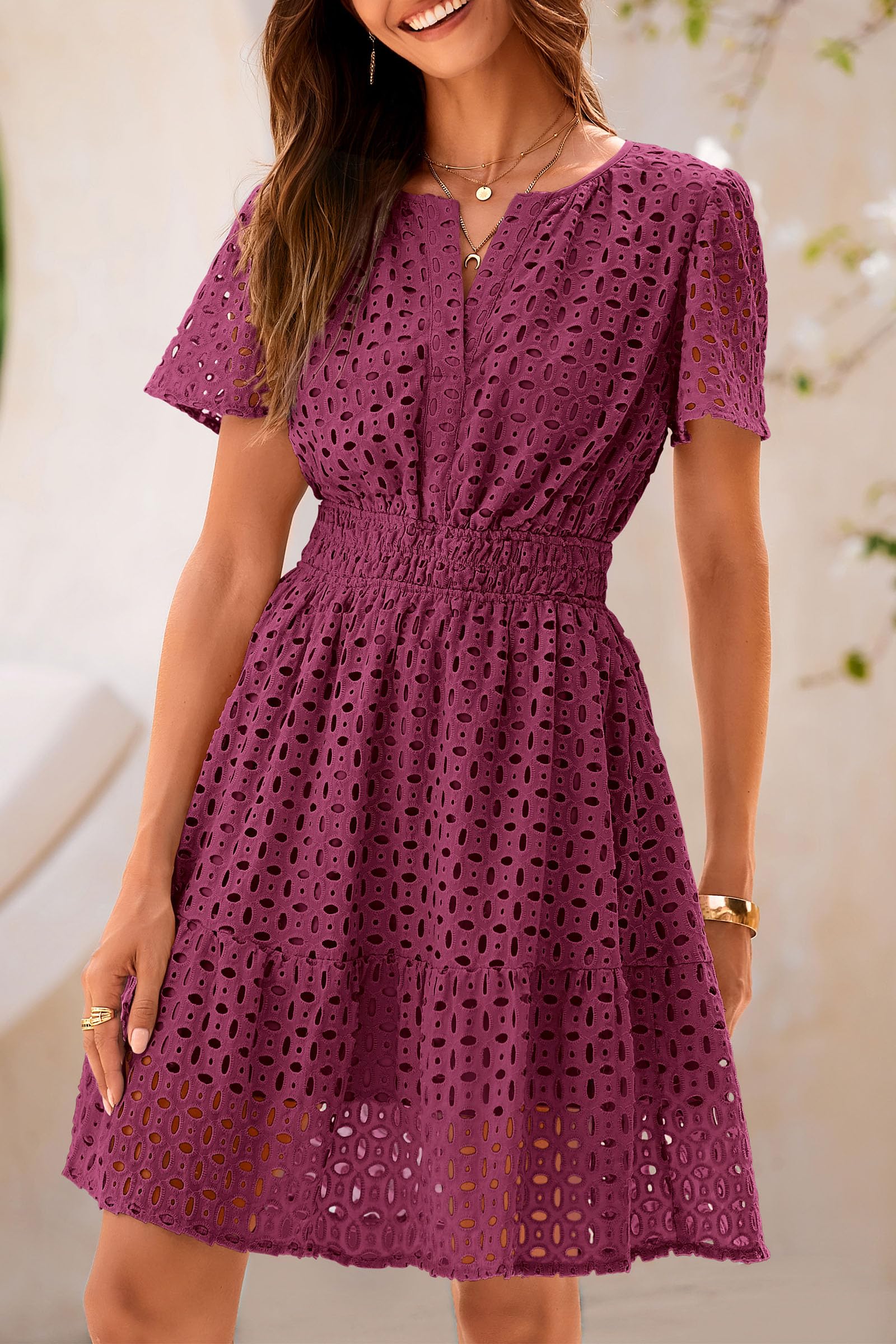 Women's Summer Eyelet Lace Short Dresses (Wine Red,S)