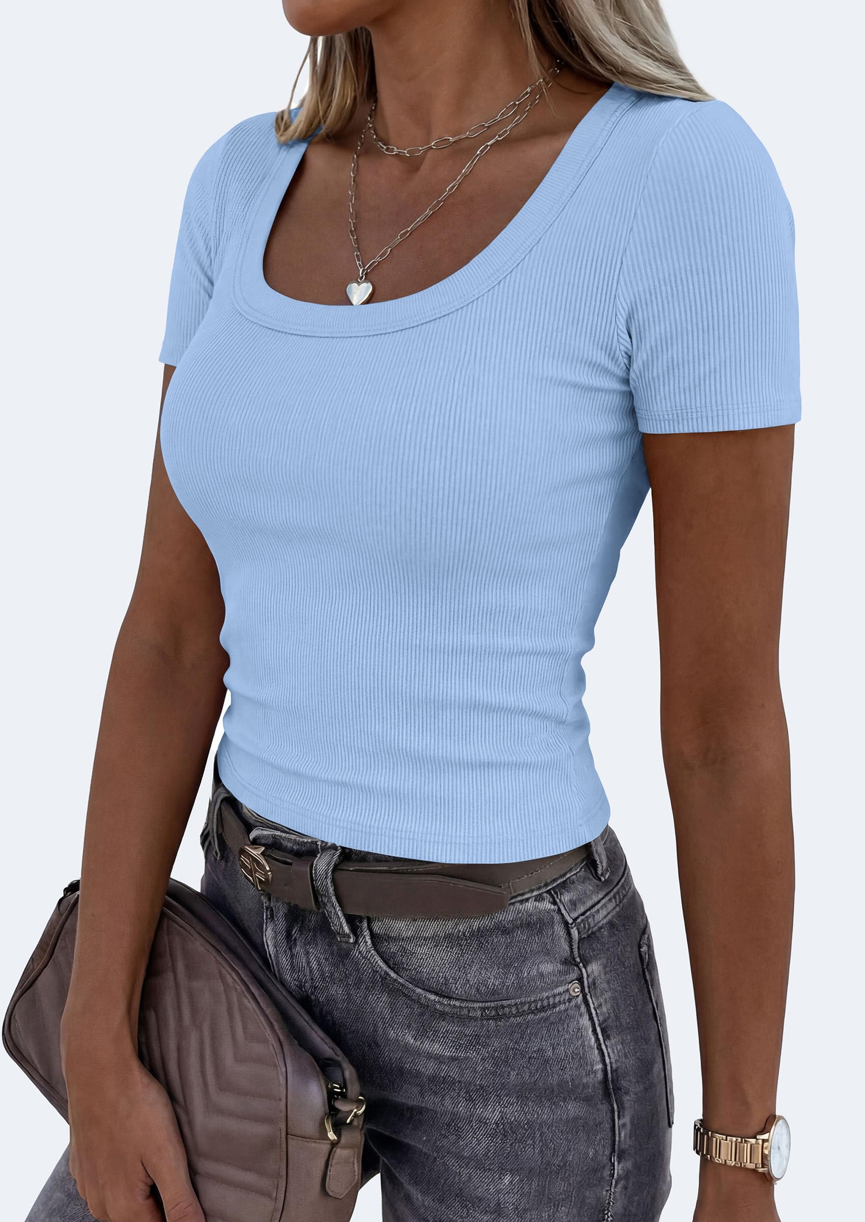 Womens Summer Short Sleeve Scoop Neck Tops,Light Blue,S