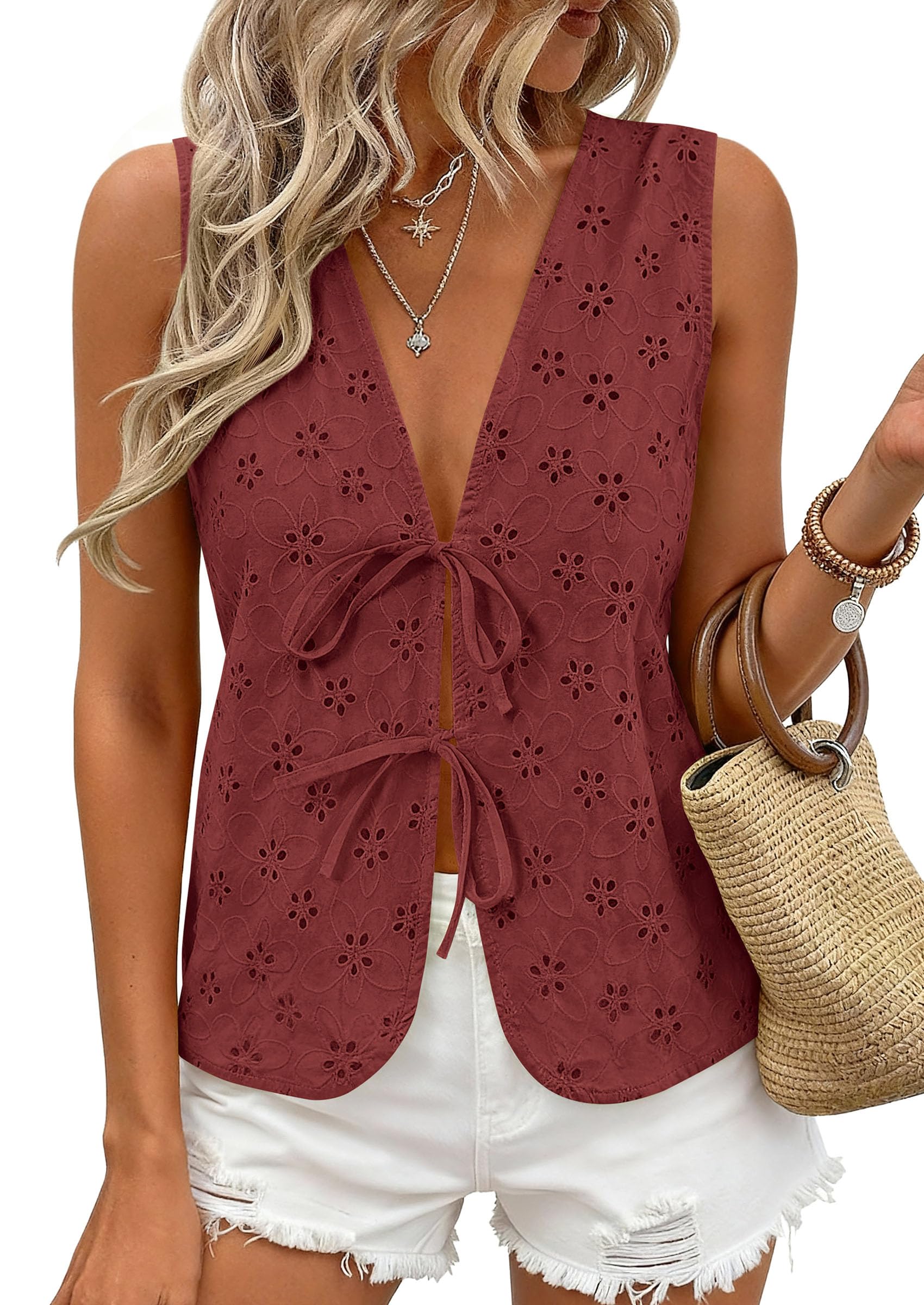 Women's Summer Eyelet Lace Tie Front Vest Tops (Brown Red,S)