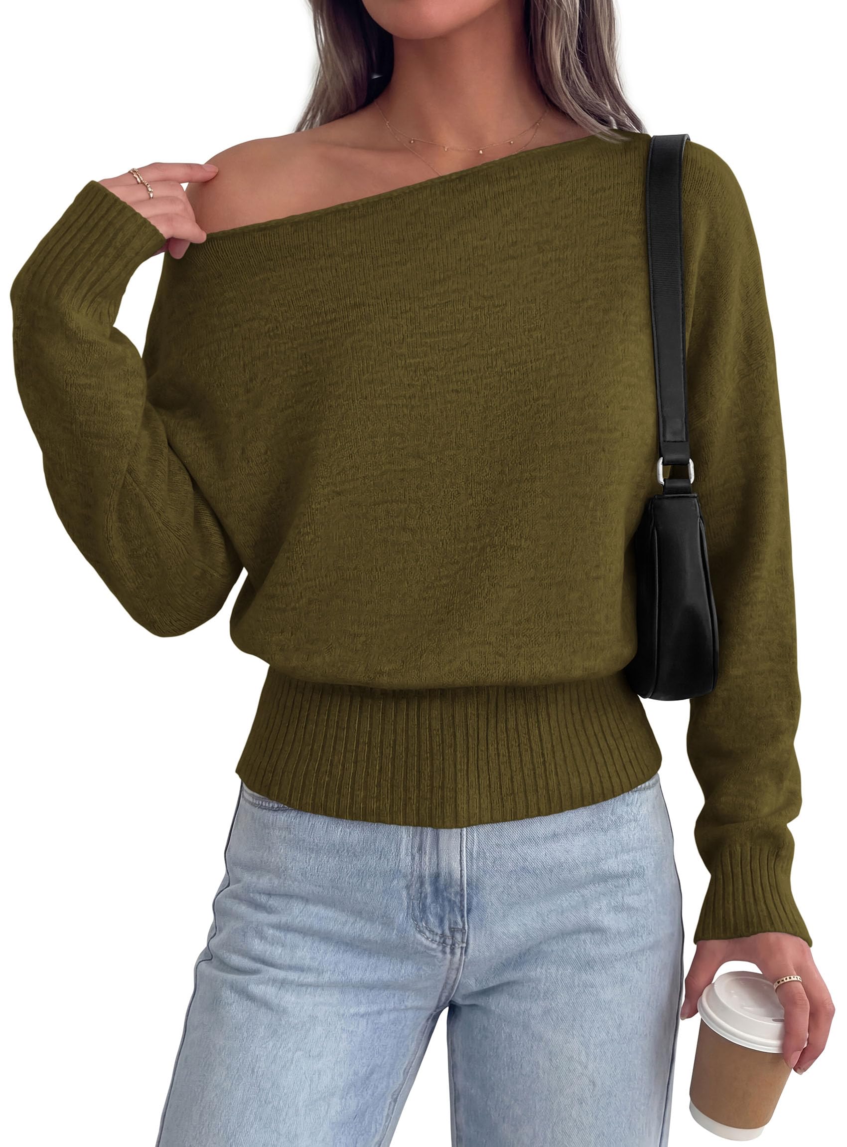 Womens Off The Shoulder Sweater Fall Fashion,Army Green,S