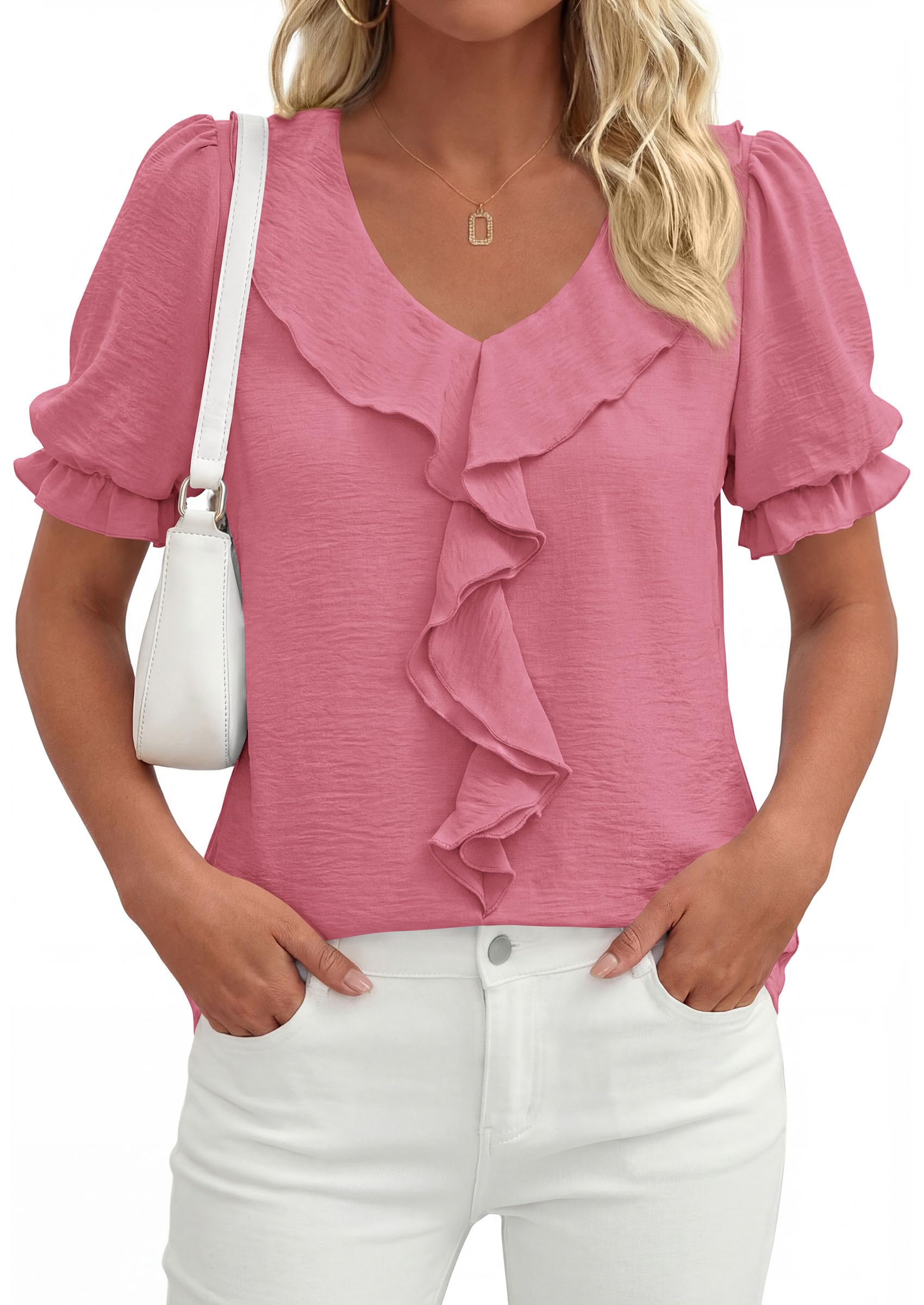 Women's Summer Ruffle Dressy Casual Blouses (Dark Pink,S)