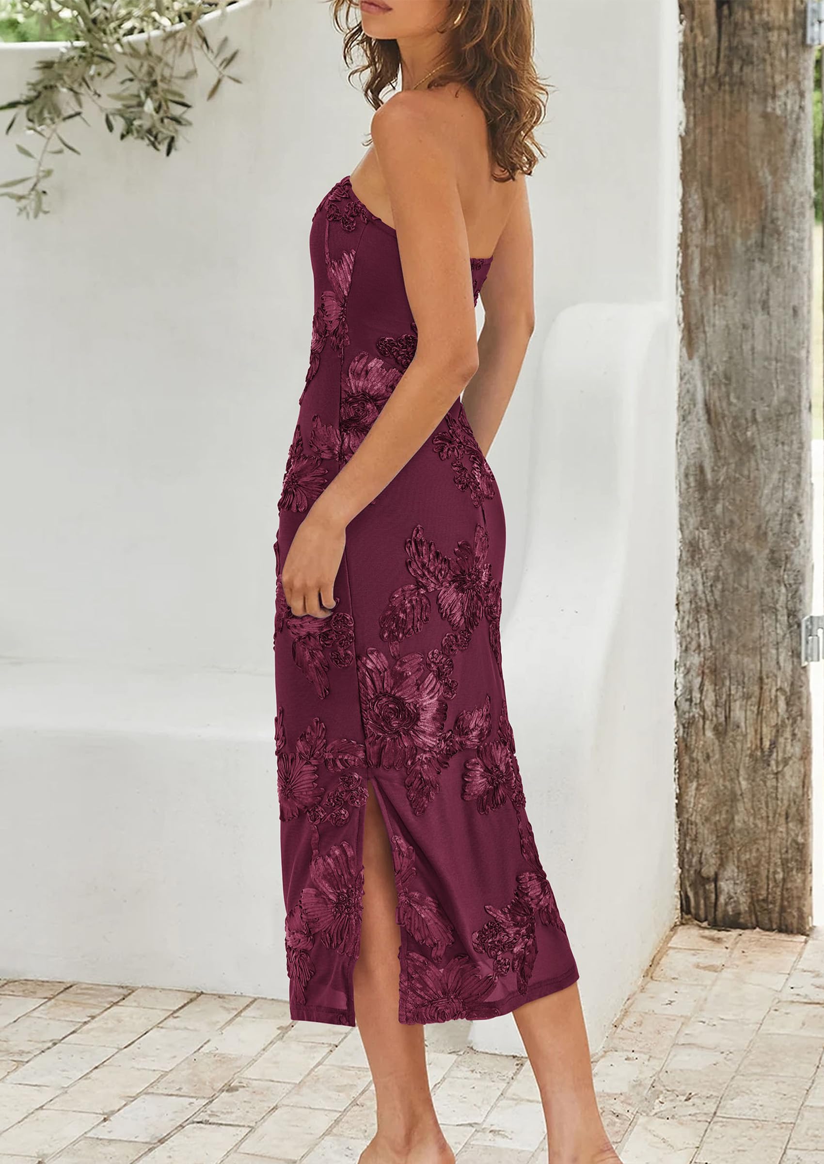Women's Summer Wedding Guest Floral Midi Dress, Burgundy,XS