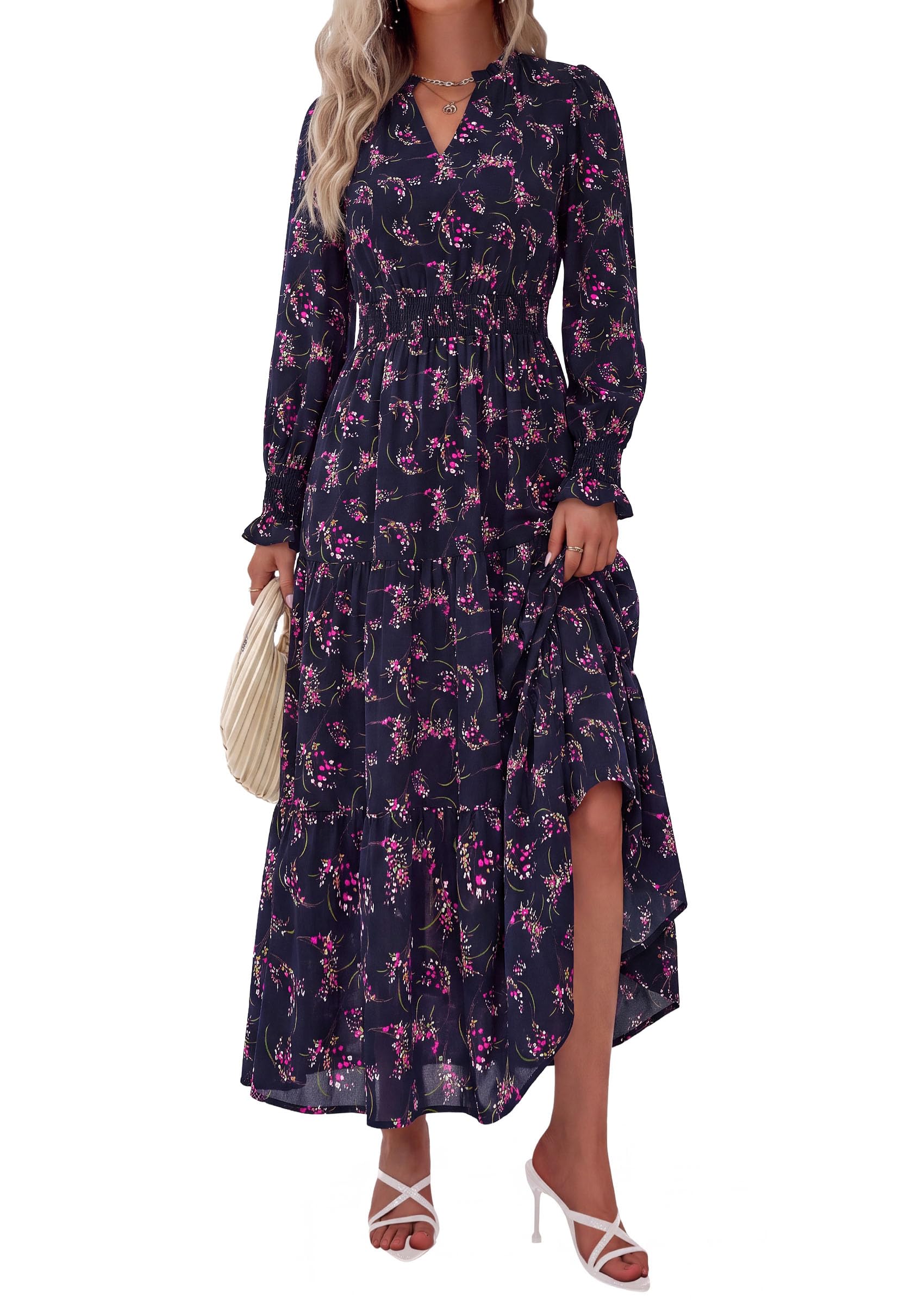 Women's Floral Maxi Dress Fall A Line Wedding Guest Dresses