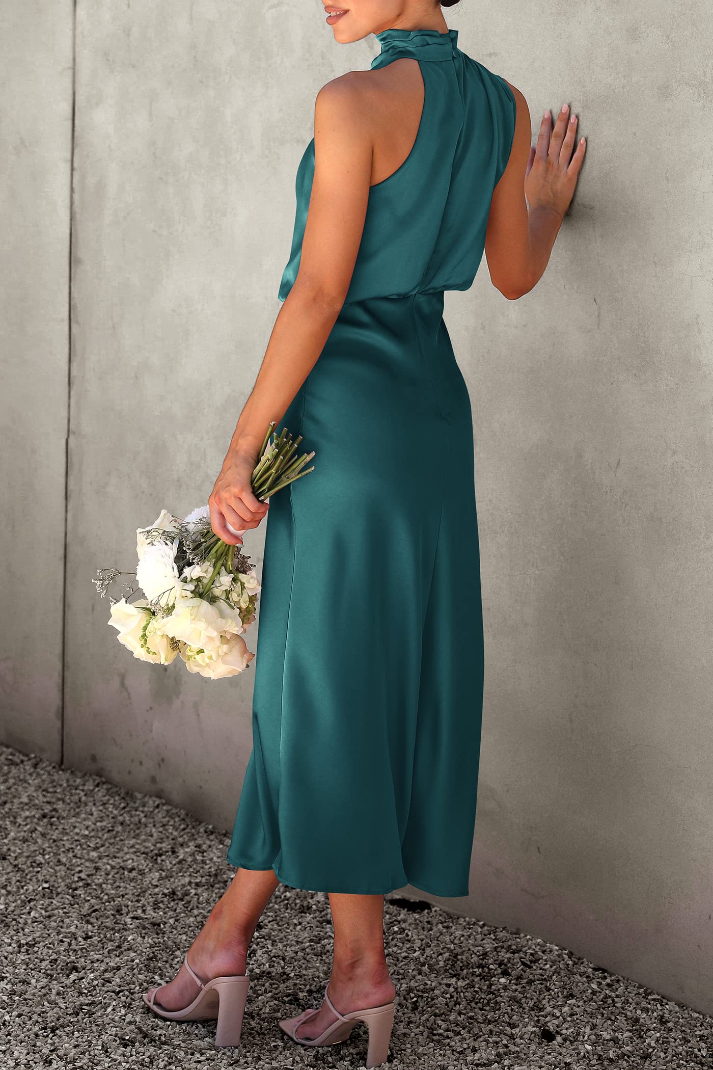 Women's Summer Satin Maxi Cocktail Dress Dark Green