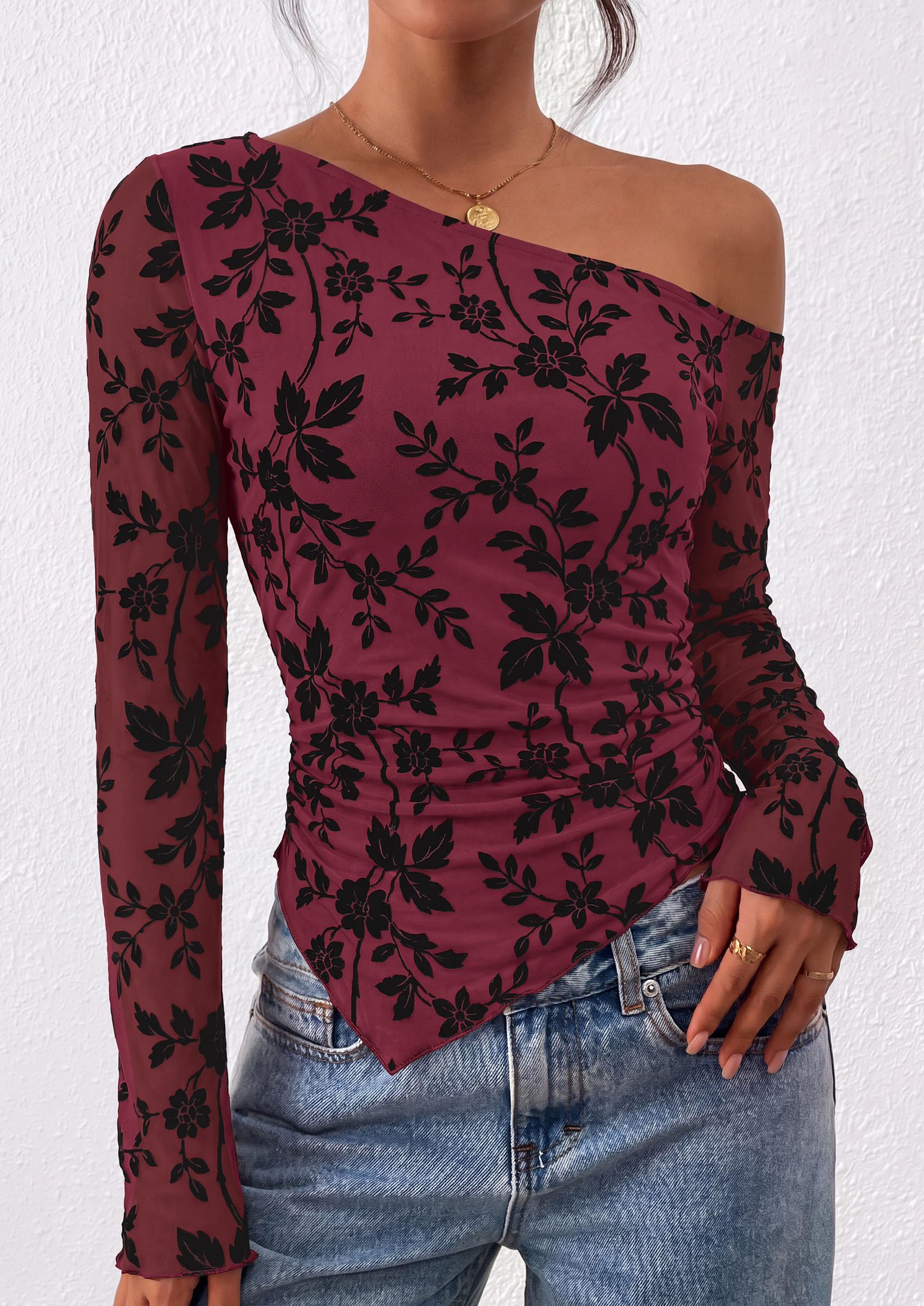 Womens Off Shoulder Mesh Y2k Tops,Wine Red,XS