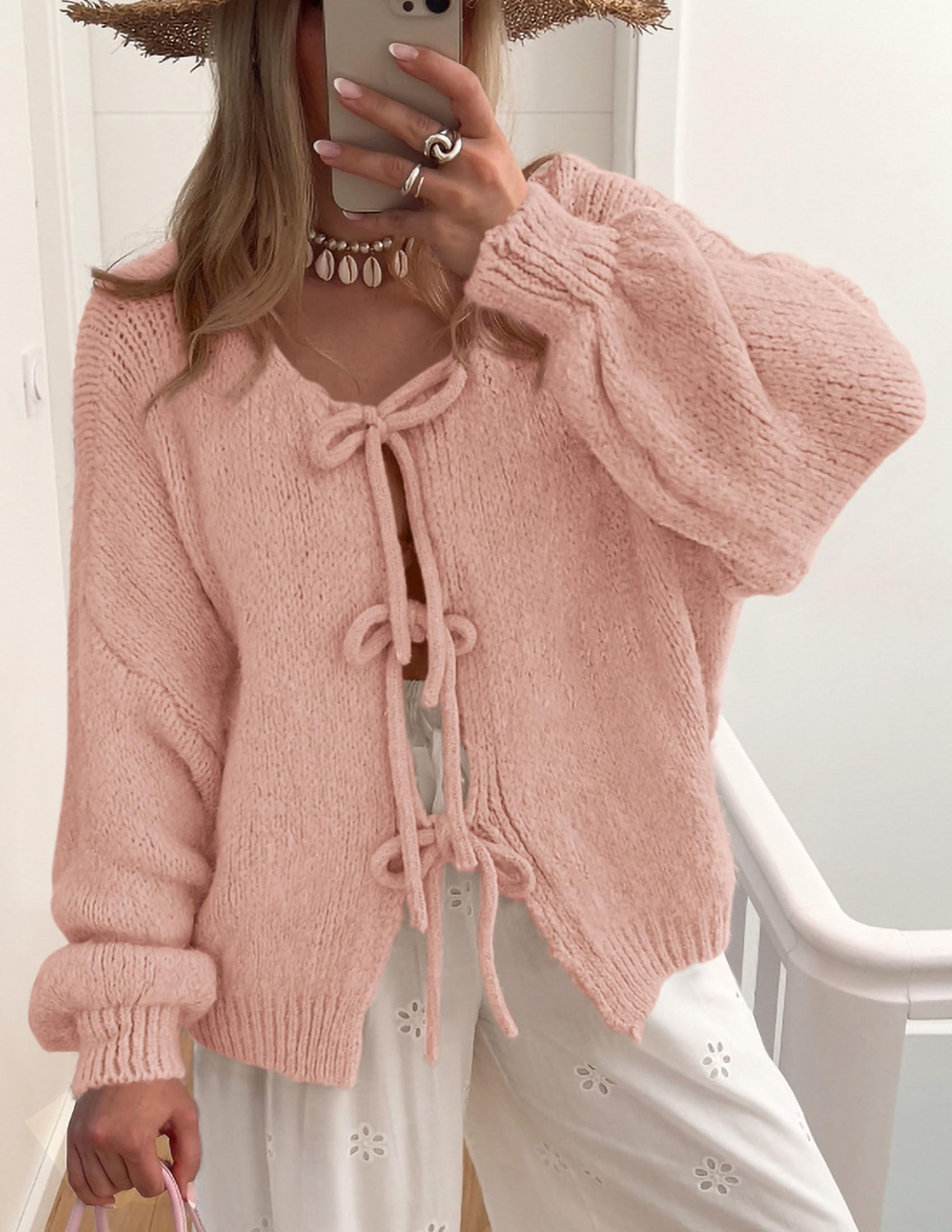Women's Tie Front Bow Cardigan Sweaters(Pink,Small)