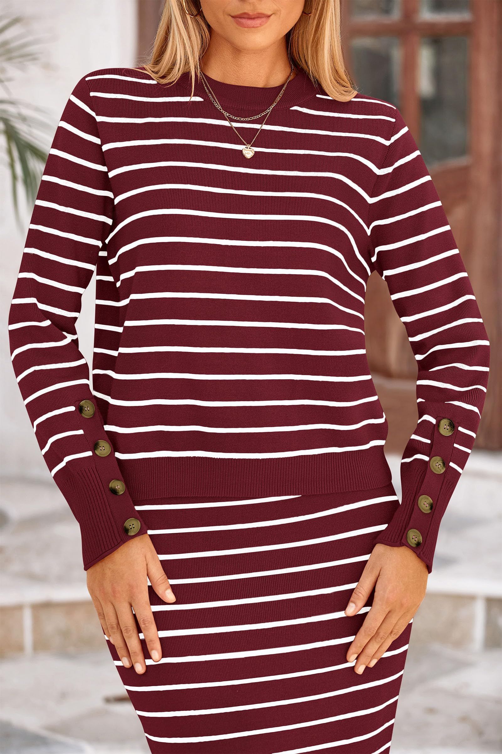 Women's 2 Piece Striped Sweater Skirt Set Fall Matching Sets